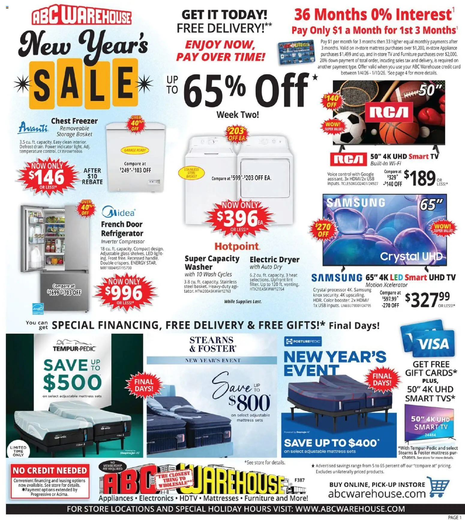 ABC Warehouse Weekly Ad - valid from 04.01.2026 | Page: 1 | Products: Mattress, Basket, Usb, Freezer