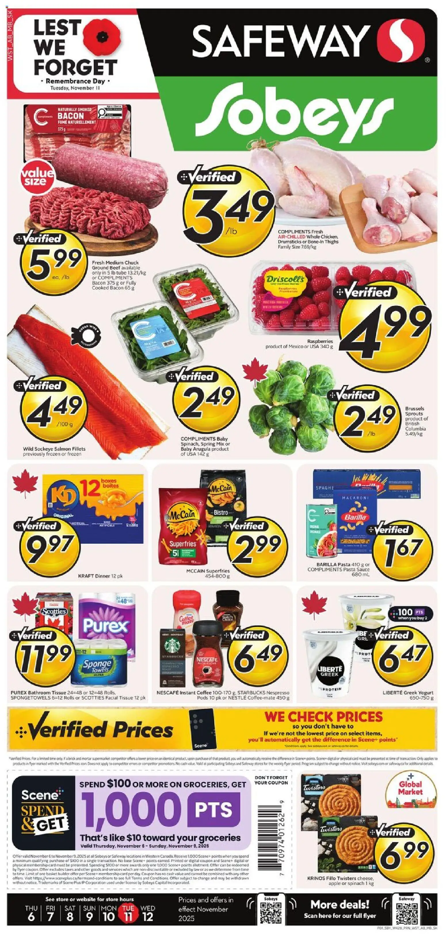 Safeway flyer valid from 06.11.2025 | Page: 1 | Products: Pasta, Sponge, Basket, Yogurt