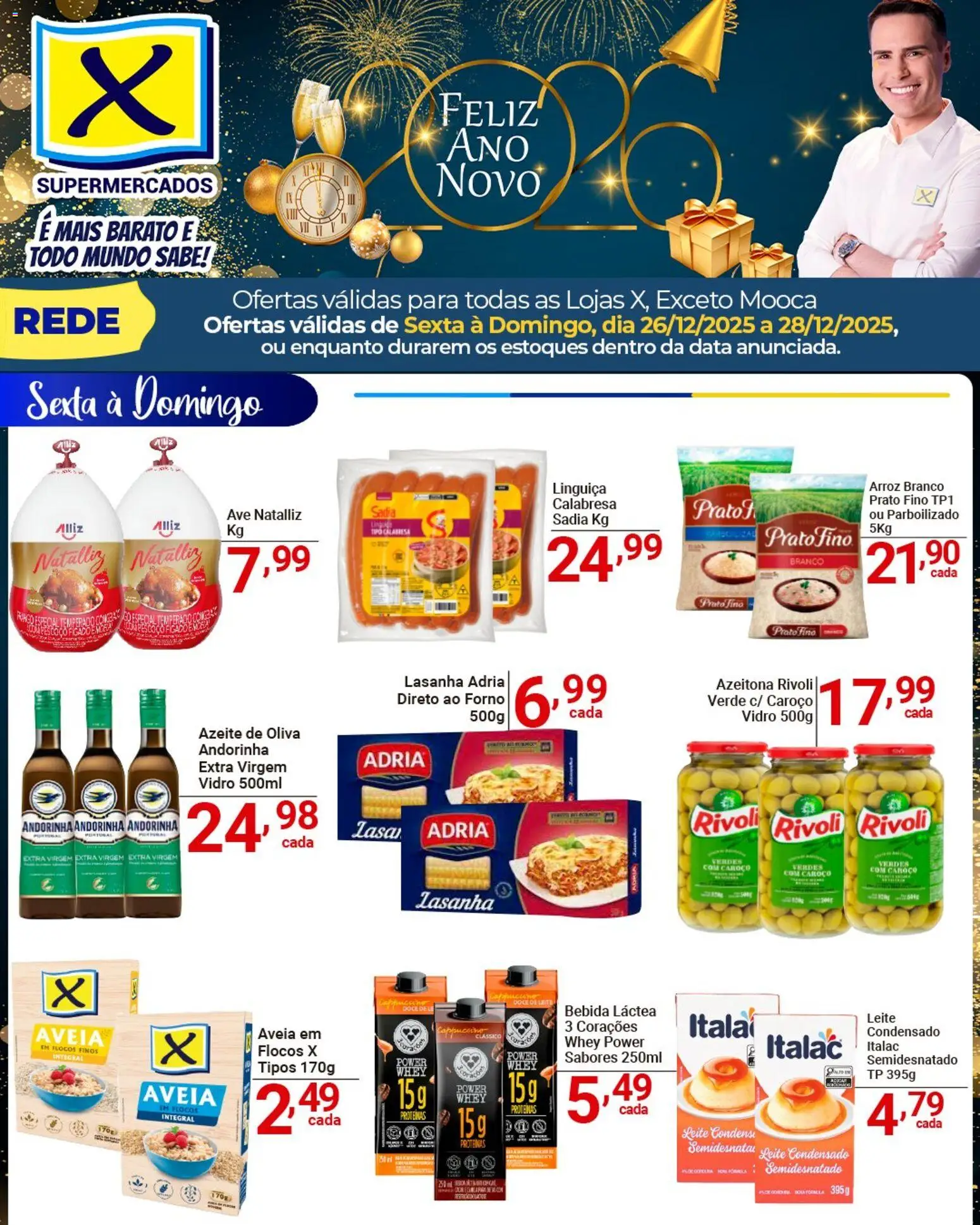 X Supermercados Folheto - válido de 26.12.2025 | Página: 1 | Produtos: Linguiça, Flocos, Bebida, Azeite
