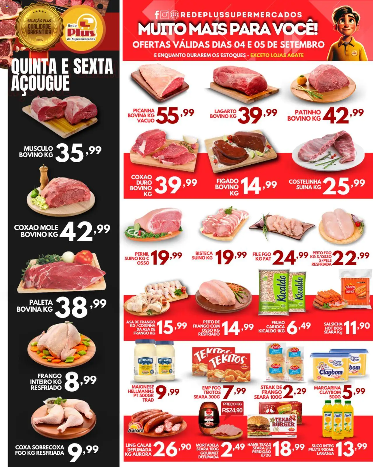 Rede Plus Supermercados Folheto - válido de 04.09.2025 | Página: 1 | Produtos: Salsicha, Picanha, Asa de frango, Peito de frango