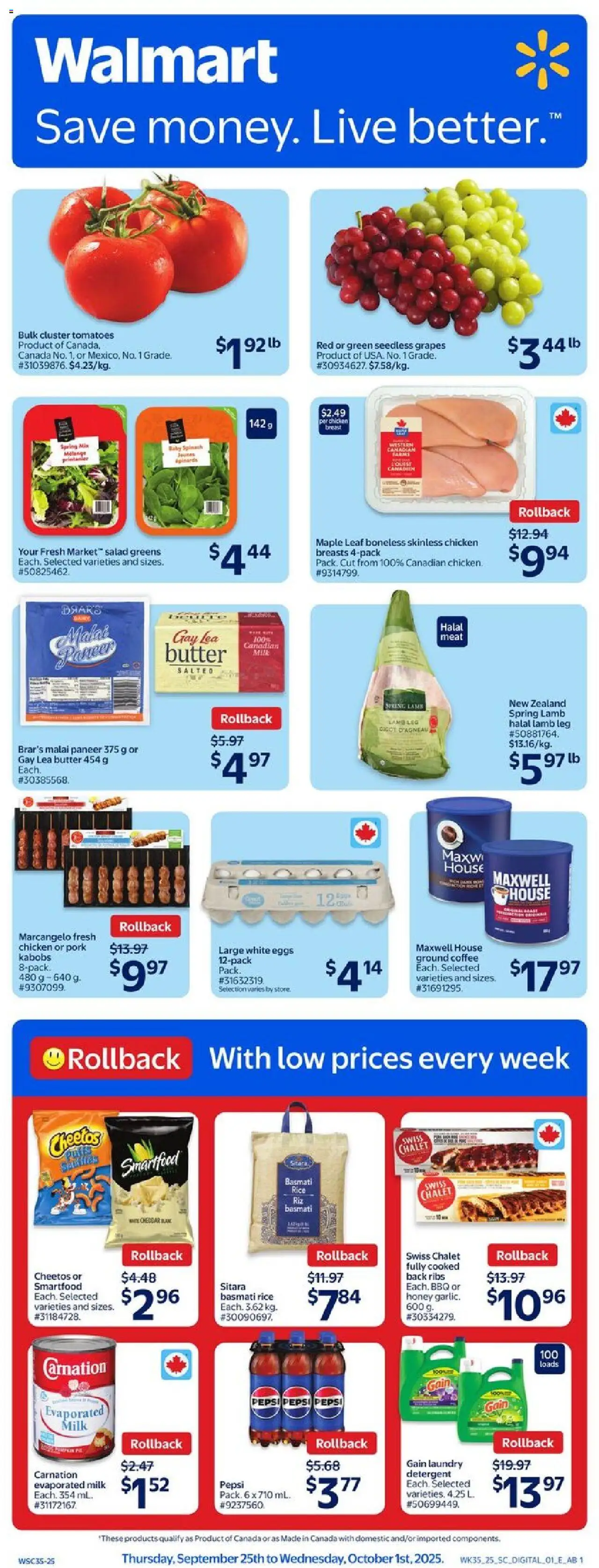 Walmart flyer valid from 25.09.2025 | Page: 1 | Products: Salad, Milk, Chicken, Pork