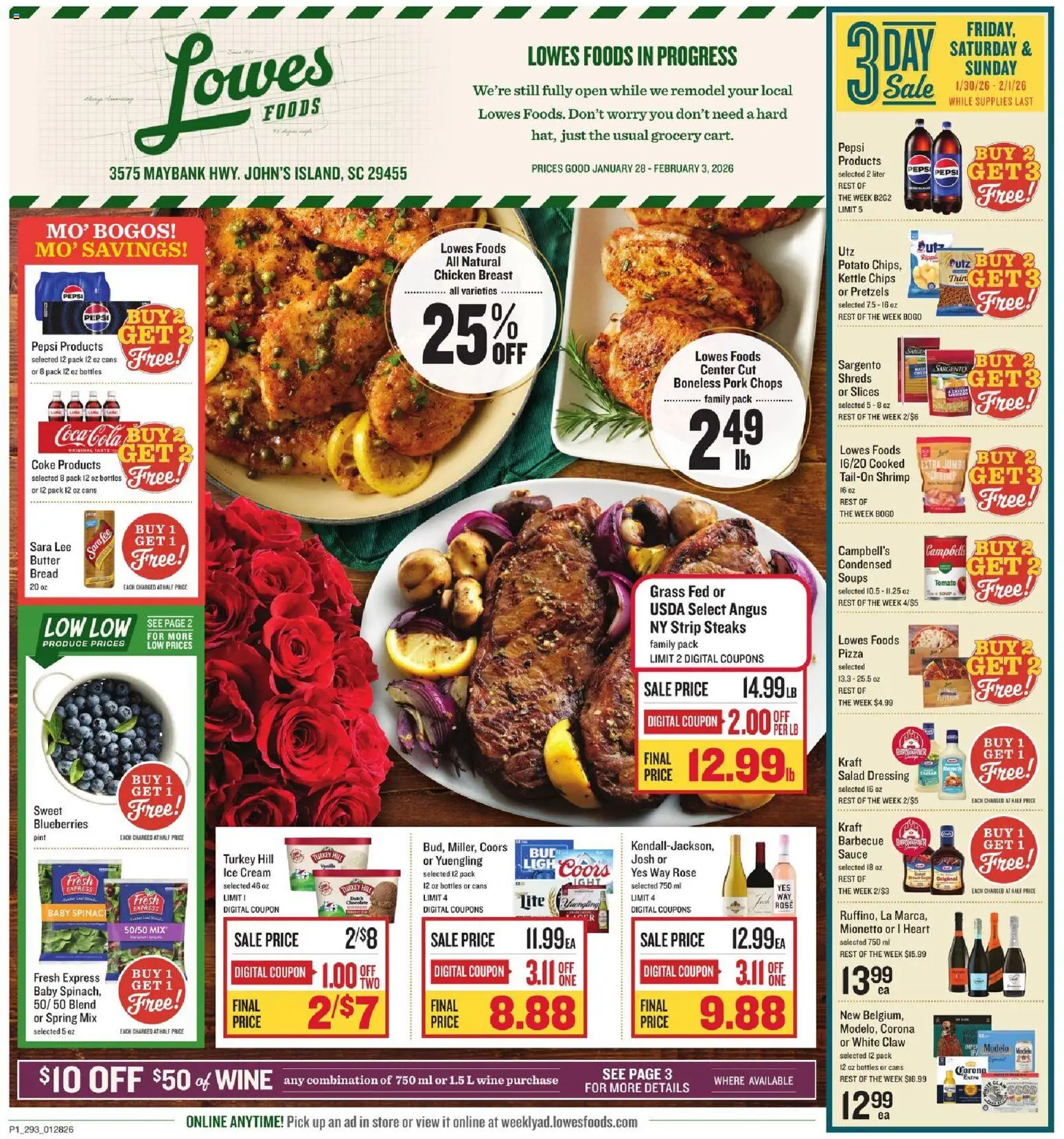 Lowes Foods Weekly Ad - SC - valid from 28.01.2026 | Page: 1 | Products: Spinach, Bread, Ice cream, Blueberries