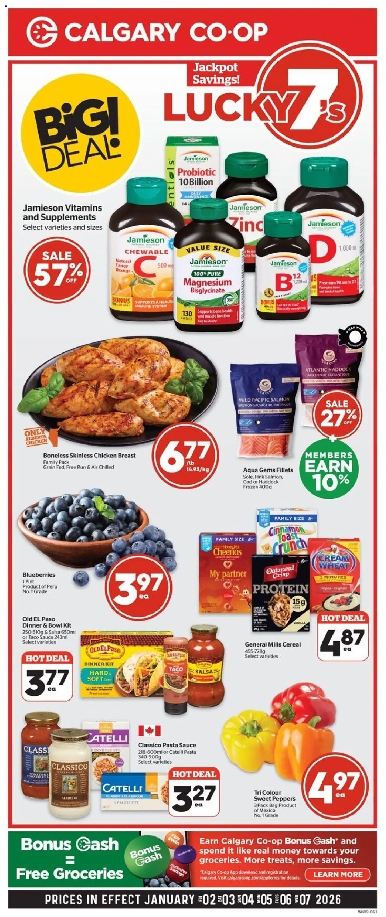 Calgary Co-op flyer valid from 02.01.2026 | Page: 1 | Products: Pasta, Cream, Bag, Chicken