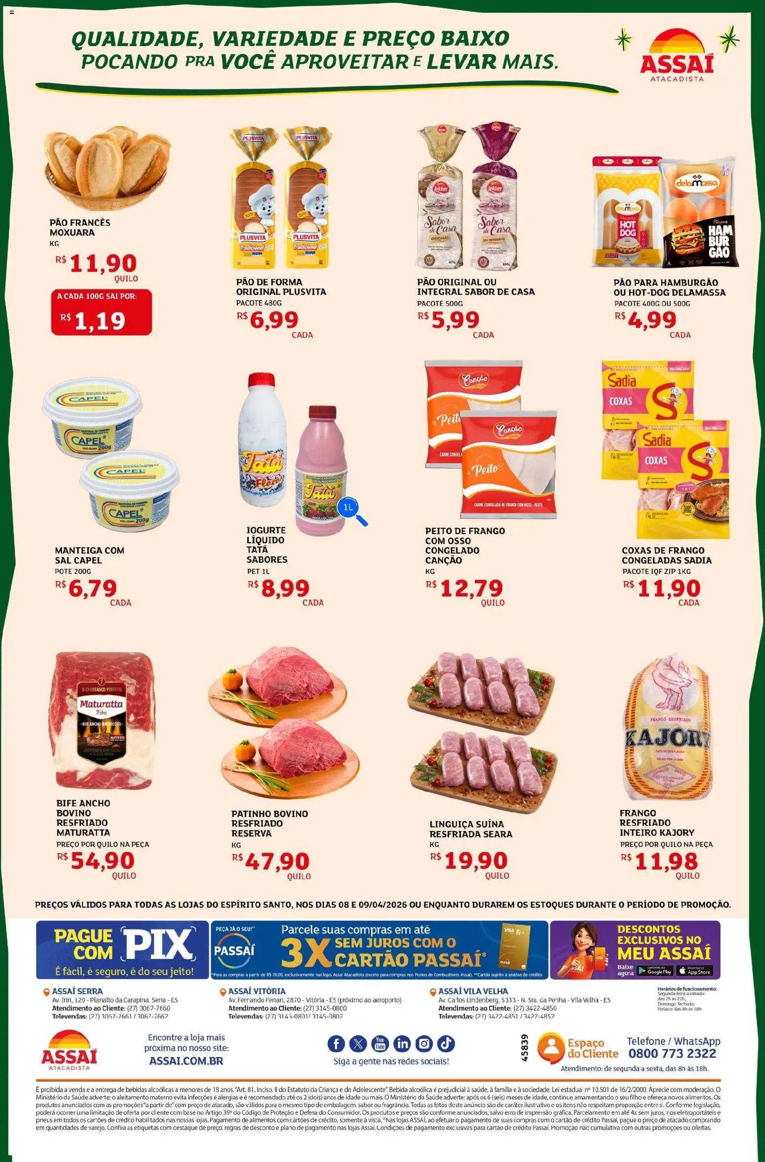 Assaí Atacadista Folheto - válido de 08.04.2026 | Página: 2 | Produtos: Pão, Carne, Baixo, Frango