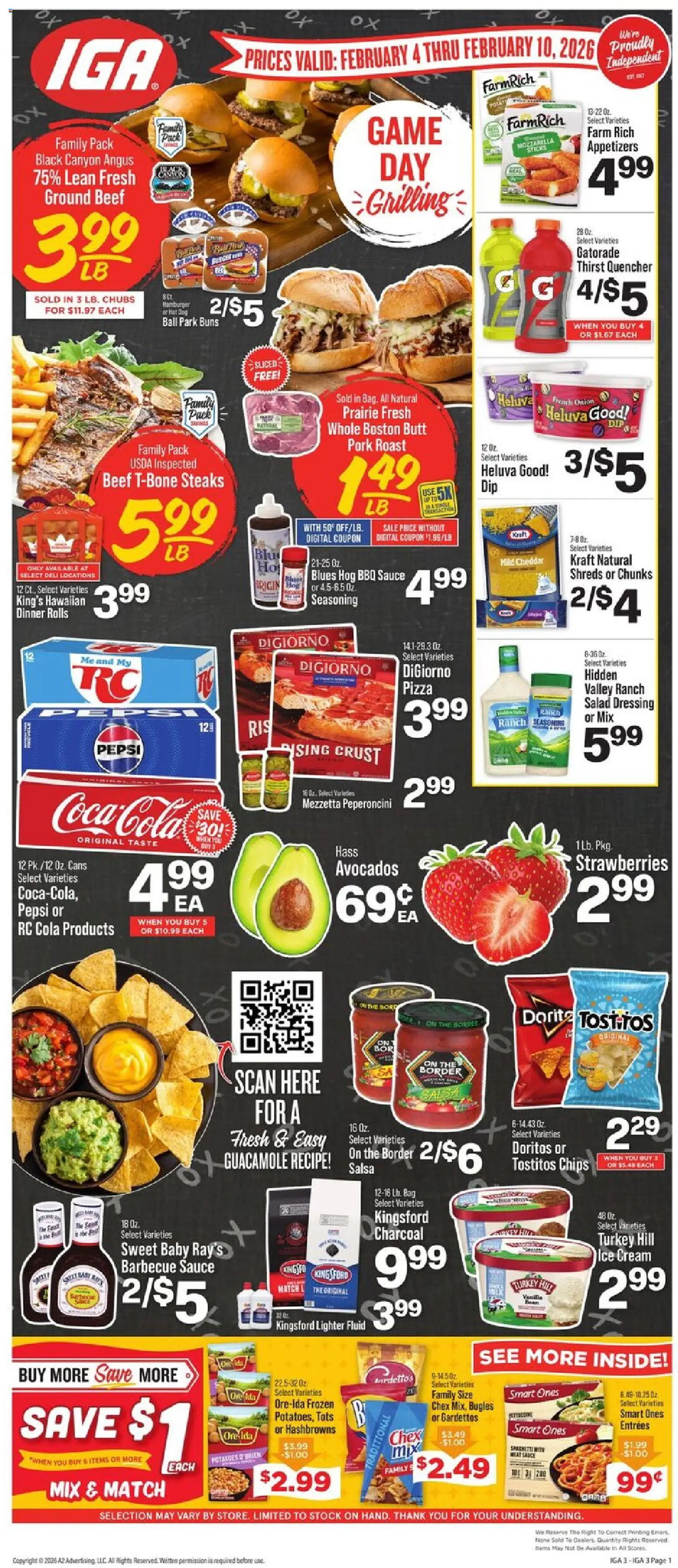 IGA Weekly Ad - valid from 04.02.2026 | Page: 1 | Products: Beef, Chips, Ice cream, Game