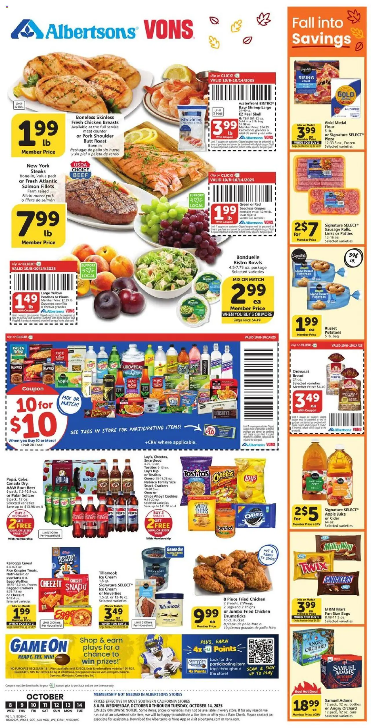 Vons Weekly Ad - valid from 08.10.2025 | Page: 1 | Products: Juice, Beer, Pasta, Chips