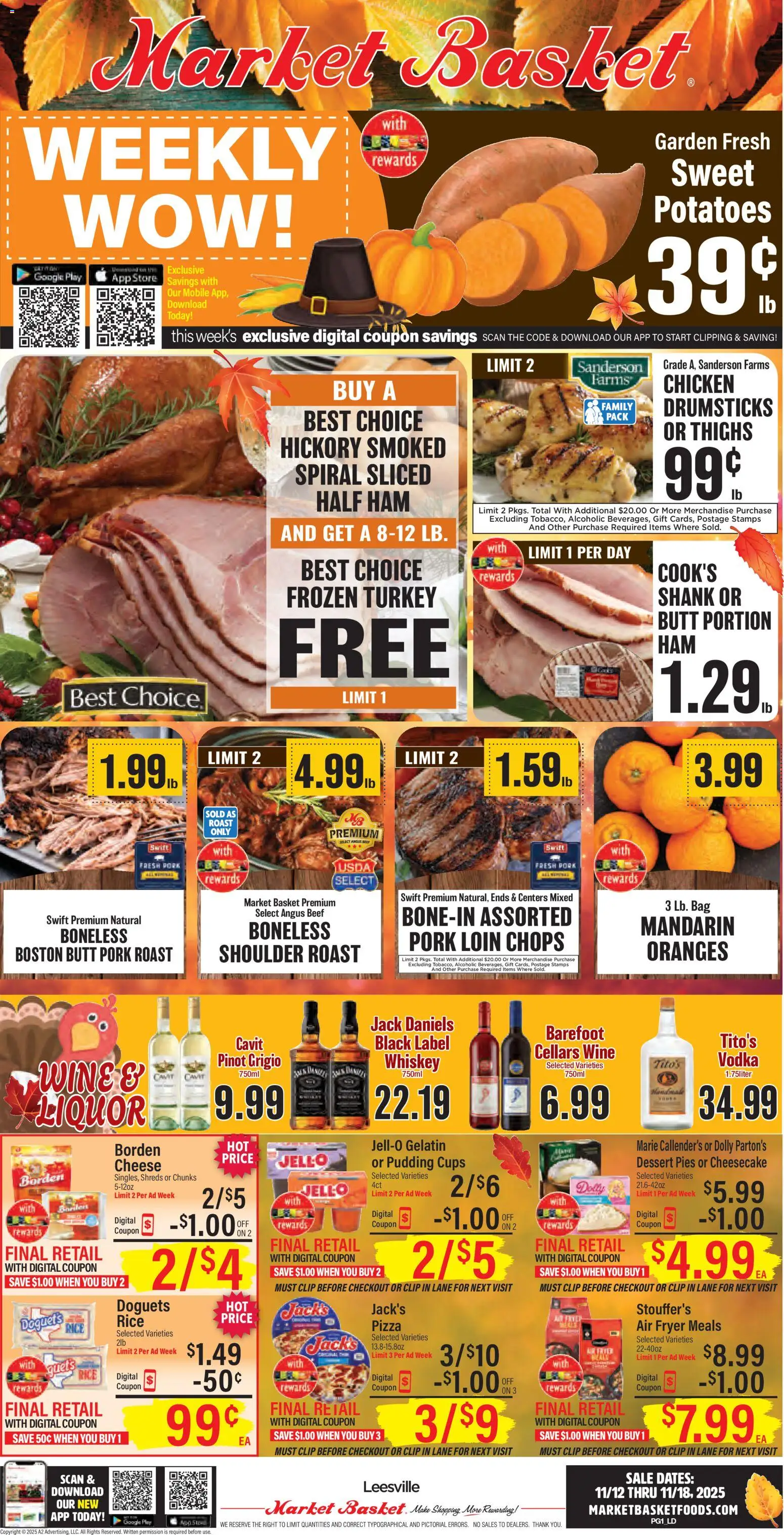 Market Basket Weekly Ad - valid from 12.11.2025 | Page: 1 | Products: Ham, Wine, Pork, Bag