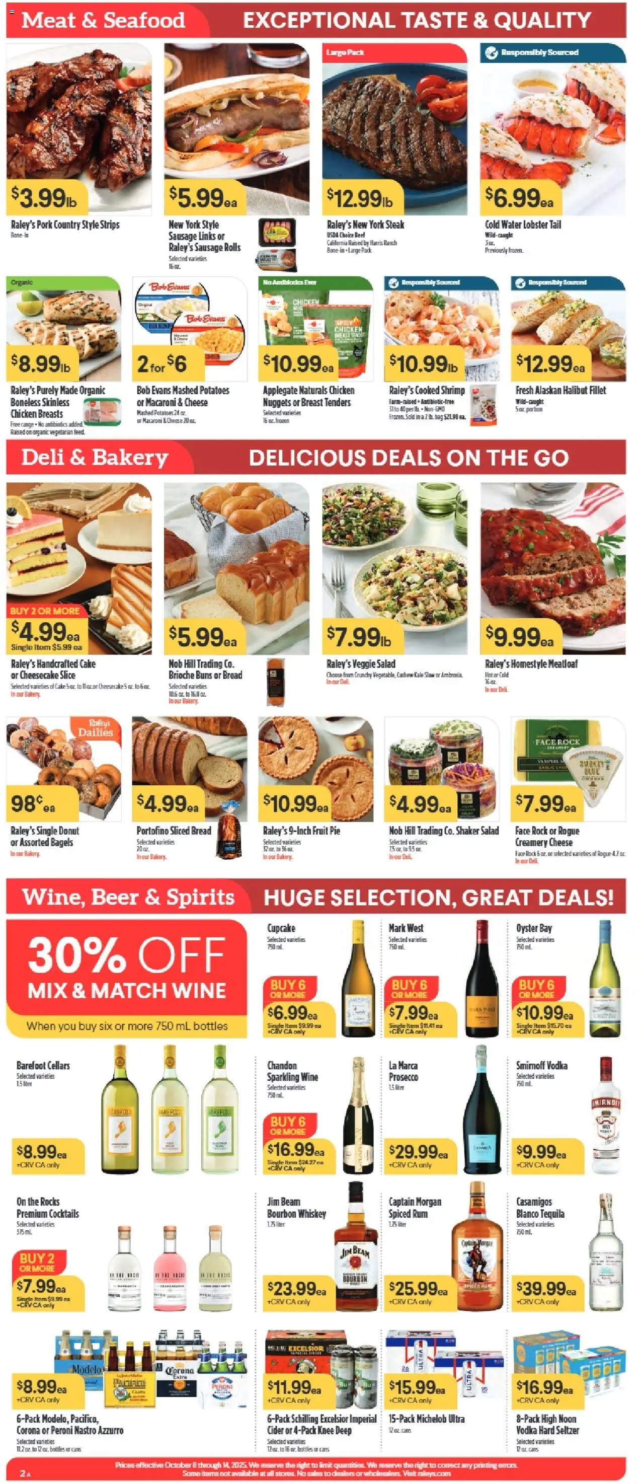Raley's Weekly Ad - valid from 08.10.2025 | Page: 2 | Products: Wine, Bourbon, Potatoes, Sausage