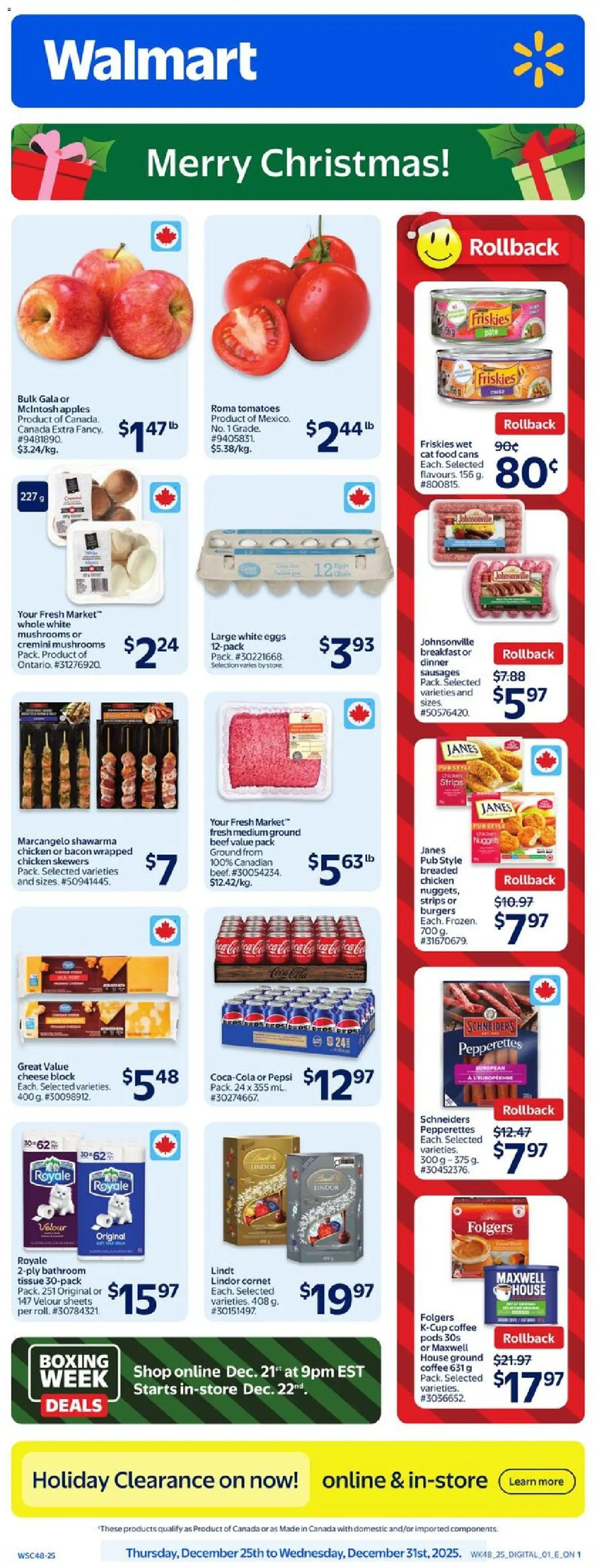 Walmart flyer valid from 25.12.2025 | Page: 1 | Products: Beef, Cheese, Eggs, Chicken