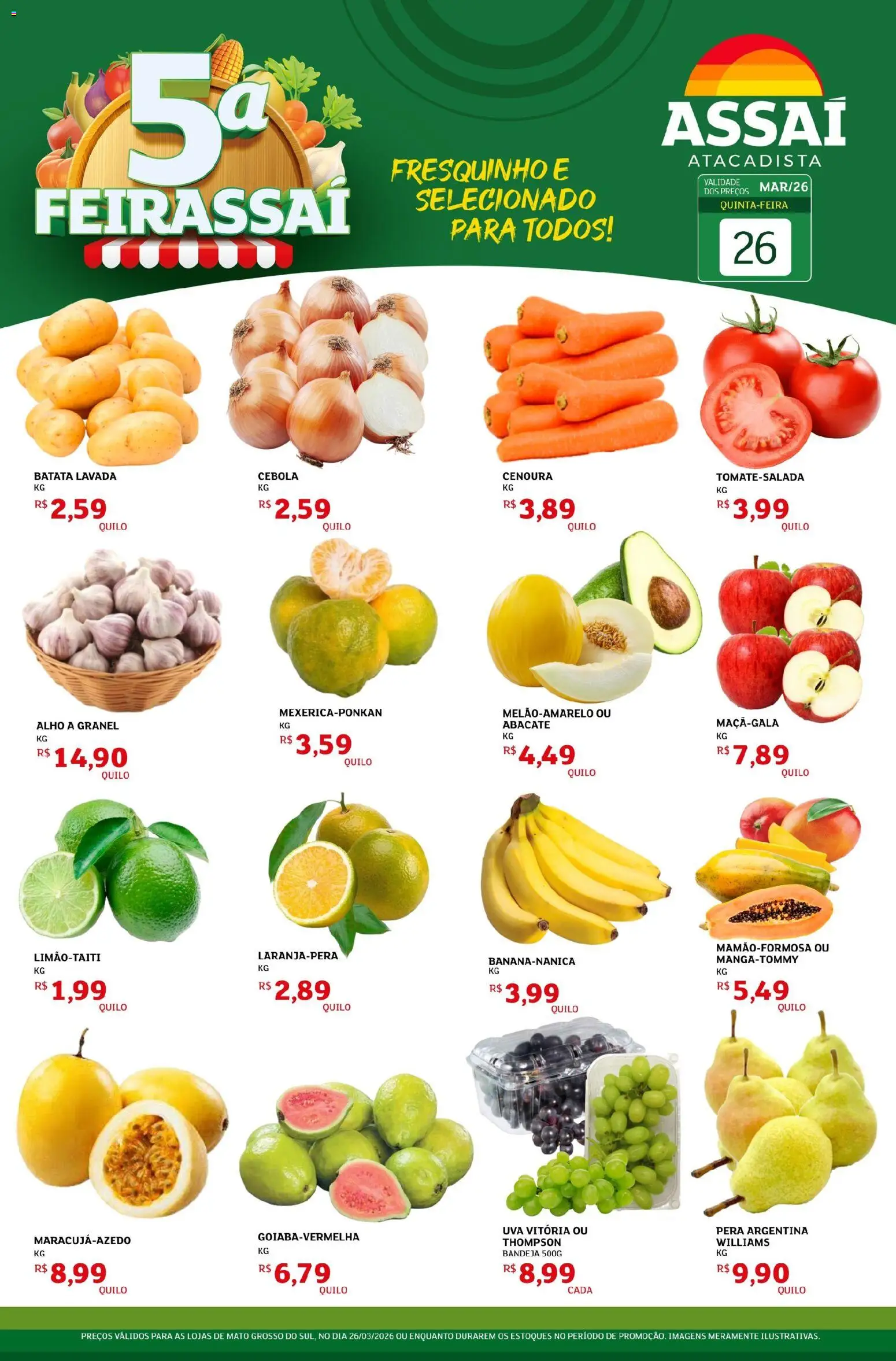 Assaí Atacadista Folheto - válido de 26.03.2026 | Página: 1 | Produtos: Pera, Alho, Cebola, Bandeja