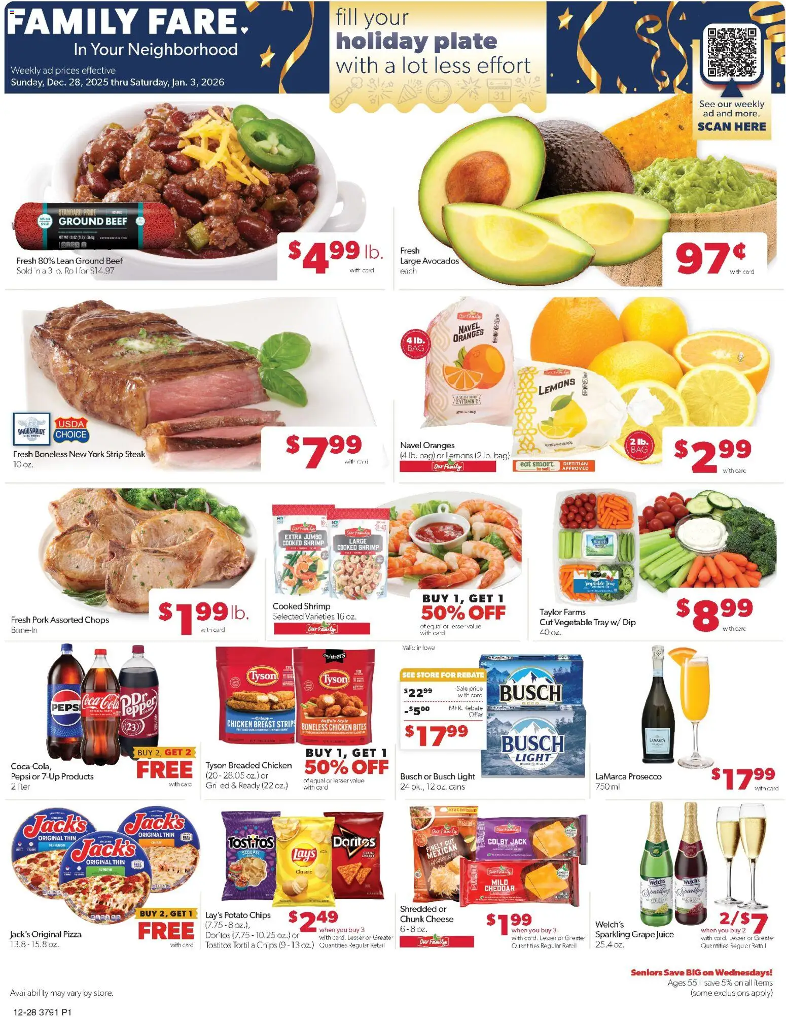 Family Fare Weekly Ad - IA - valid from 28.12.2025 | Page: 1 | Products: Pork, Oranges, Beef, Chips