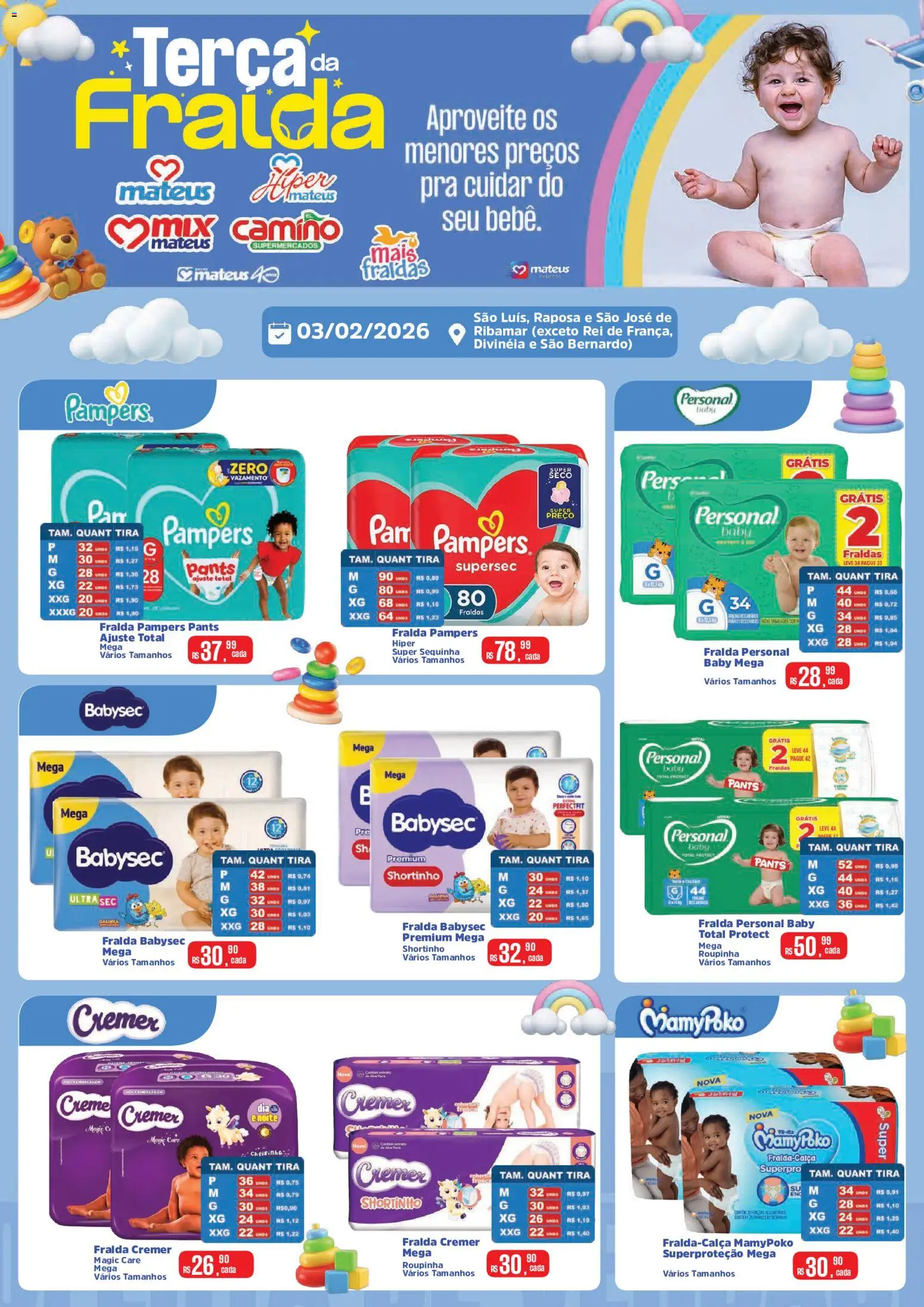 Mateus Folheto - válido de 03.02.2026 | Página: 1 | Produtos: Fralda pampers, Pampers, Creme, Fraldas
