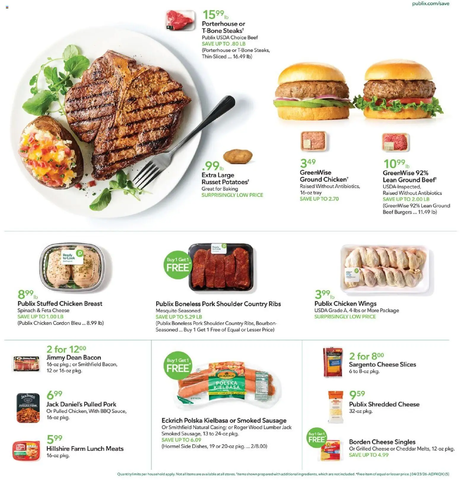 Publix Weekly Ad - valid from 22.04.2026 | Page: 5 | Products: Spinach, Pork, Beef, Bourbon