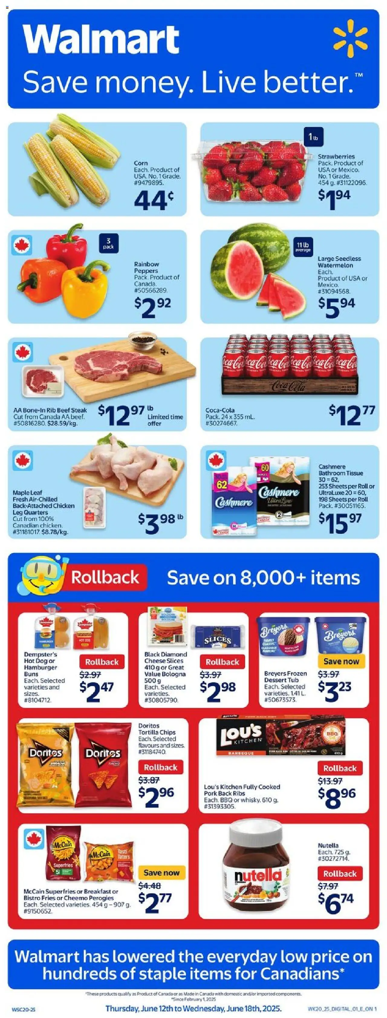 Walmart flyer valid from 12.06.2025 | Page: 1 | Products: Strawberries, Chips, Cheese, Pork