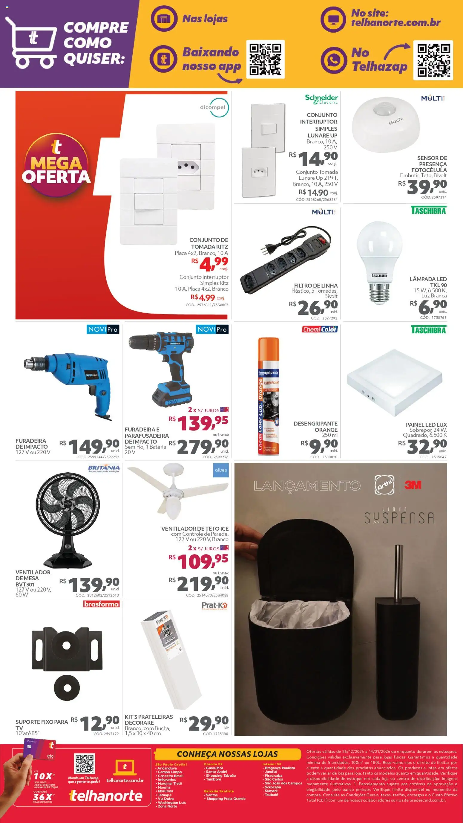 Telhanorte Folheto - válido de 26.12.2025 | Página: 4 | Produtos: Ventilador, Tomada, Bateria, Lâmpada led