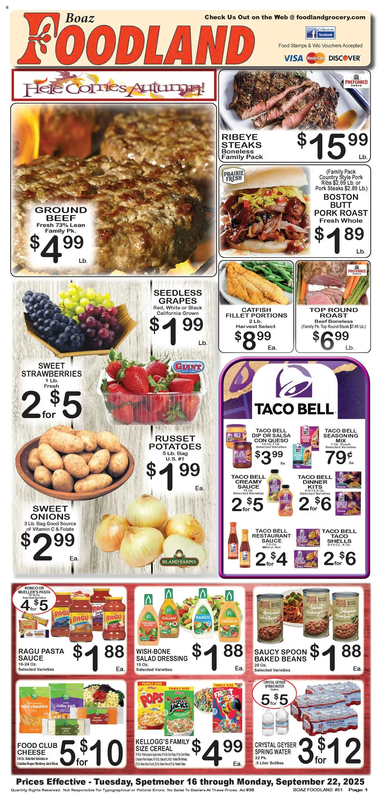 Foodland Weekly Ad - valid from 16.09.2025 | Page: 1 | Products: Pork, Sauce, Grapes, Bag