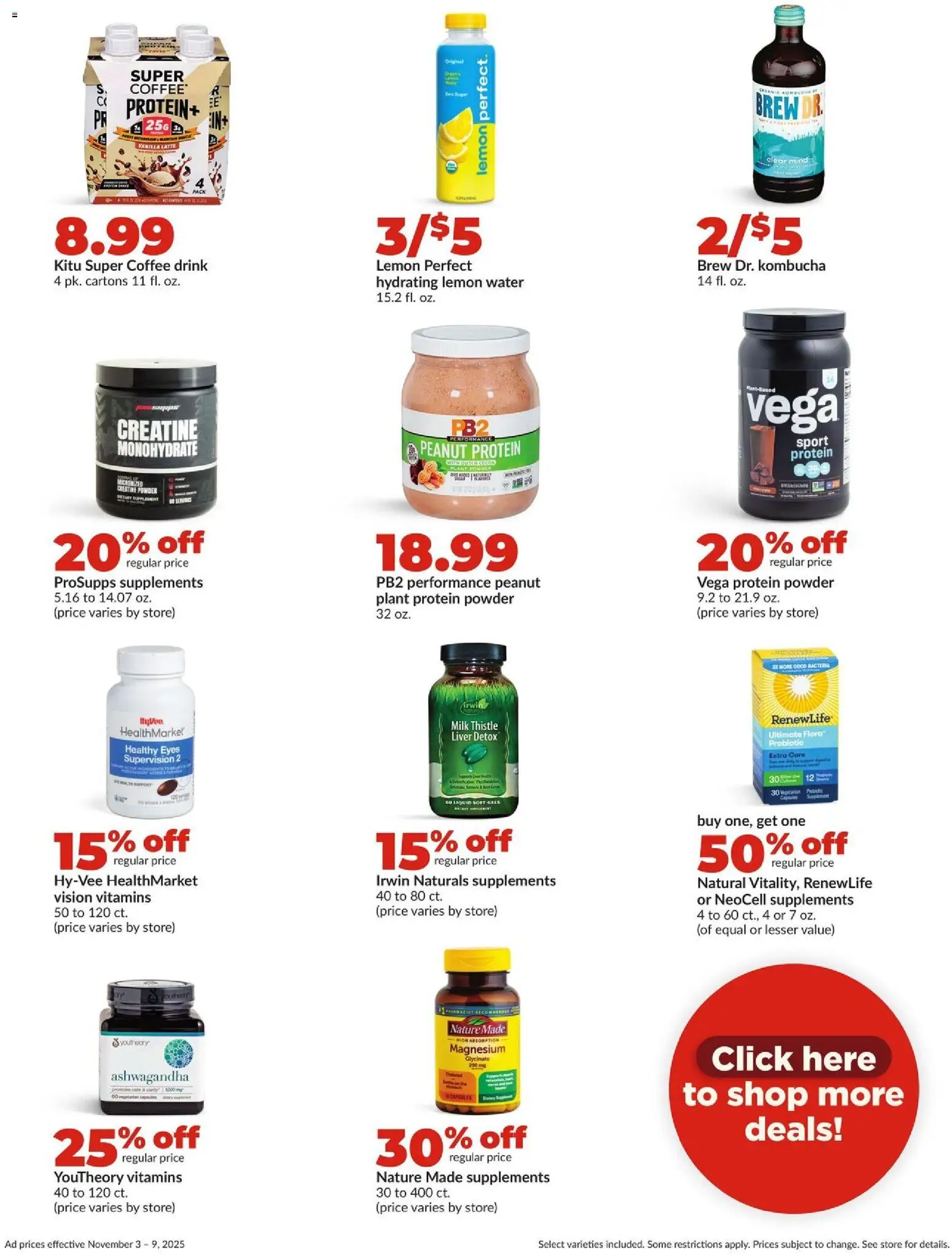 HyVee Weekly Ad - valid from 03.11.2025 | Page: 36 | Products: Protein Powder, Creatine, Coffee, Water