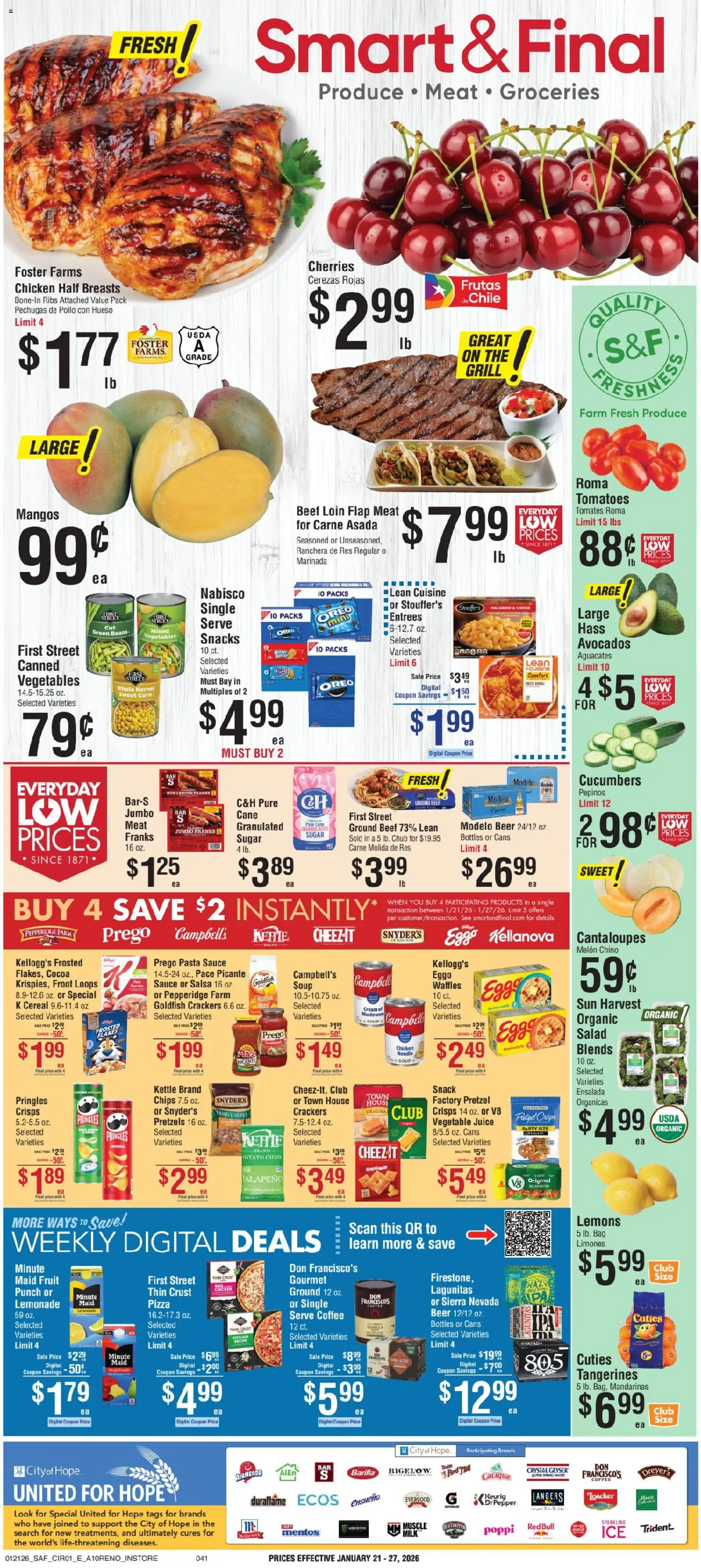 Smart & Final Weekly Ad - valid from 21.01.2026 | Page: 1 | Products: Pizza, Juice, Tomatoes, Water