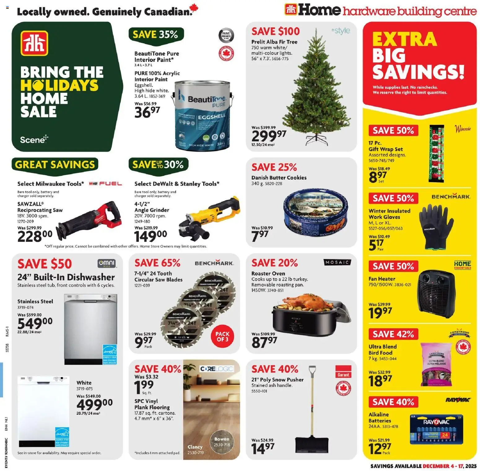 Home Hardware flyer valid from 04.12.2025 | Page: 1 | Products: Cookies, Gloves, Dishwasher, Battery