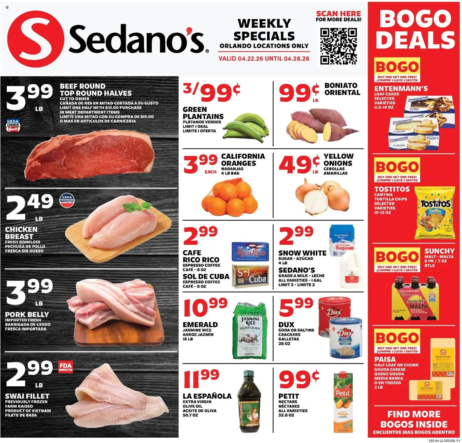 Sedano's Weekly Ad - valid from 22.04.2026 | Page: 1 | Products: Cheese, Pork, Oranges, Bag