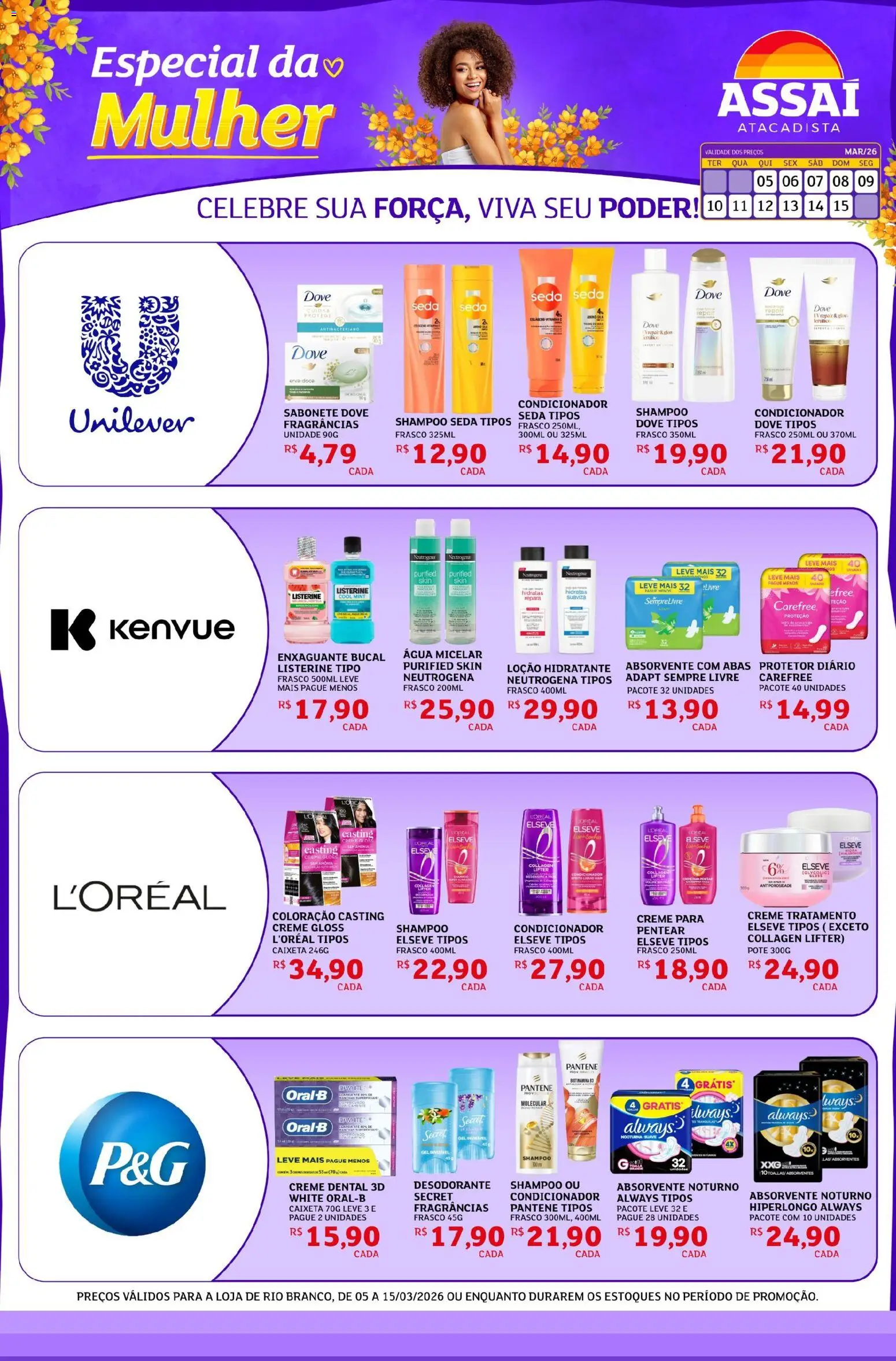 Assaí Atacadista Folheto - válido de 05.03.2026 | Página: 1 | Produtos: Condicionador, Desodorante, Creme dental, Absorvente