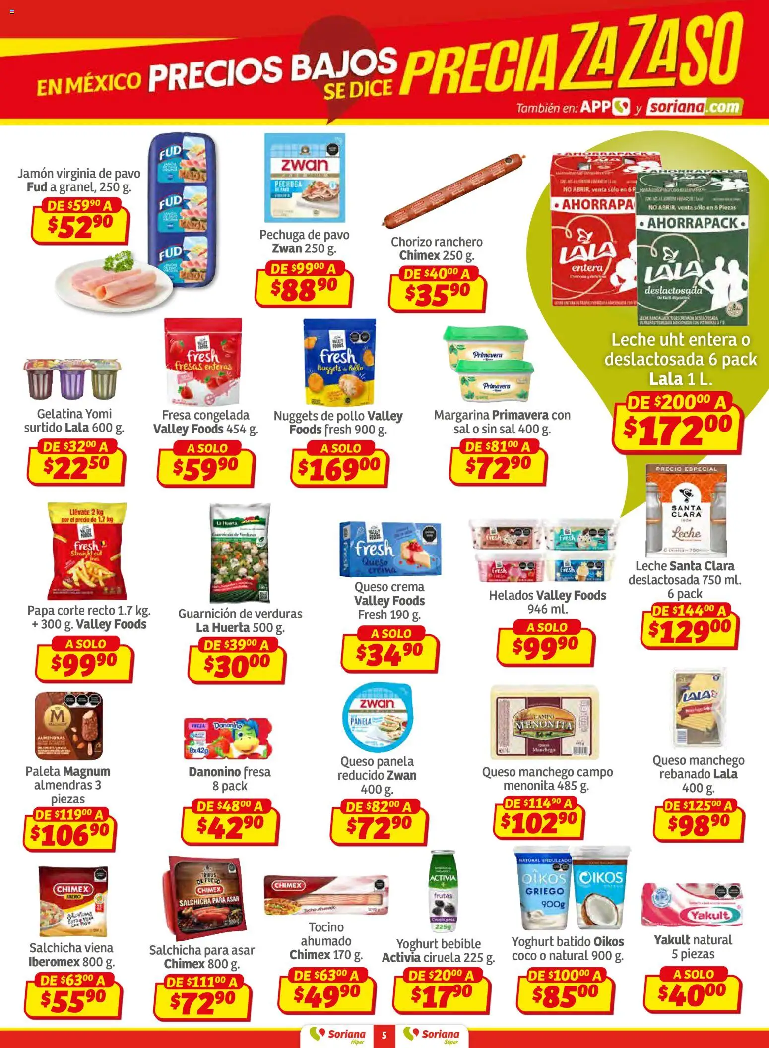 Nuevas ofertas de Soriana válidas en toda la República Mexicana desde el 26.02.2026. ¡Encuentra las mejores ofertas en Soriana - Preciazazaso Híper: Valle de México! | Página: 5 | Productos: Pollo, Paleta, Crema, Jamón