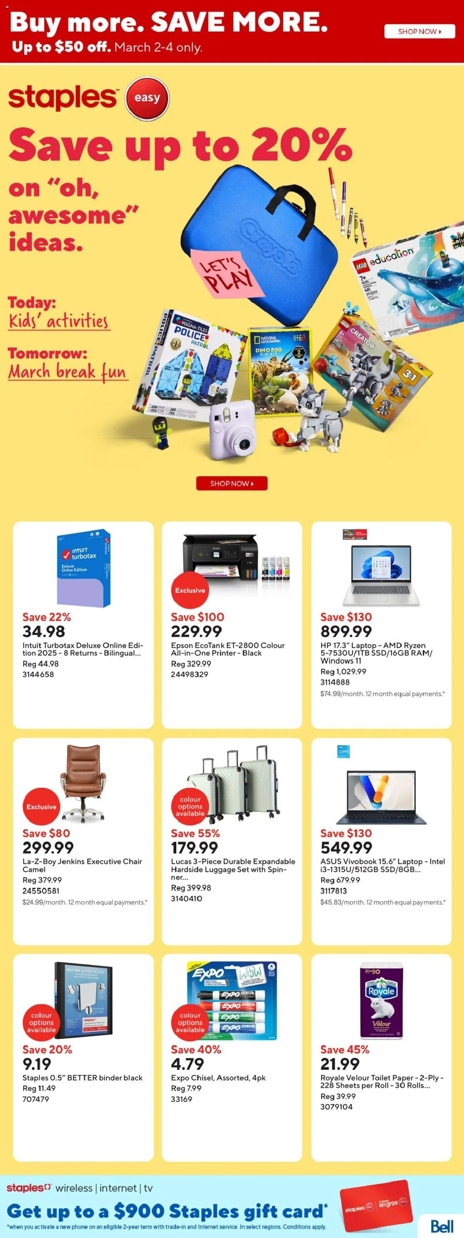 Staples flyer valid from 27.02.2026 | Page: 1 | Products: Luggage, Phone, Printer, Tv