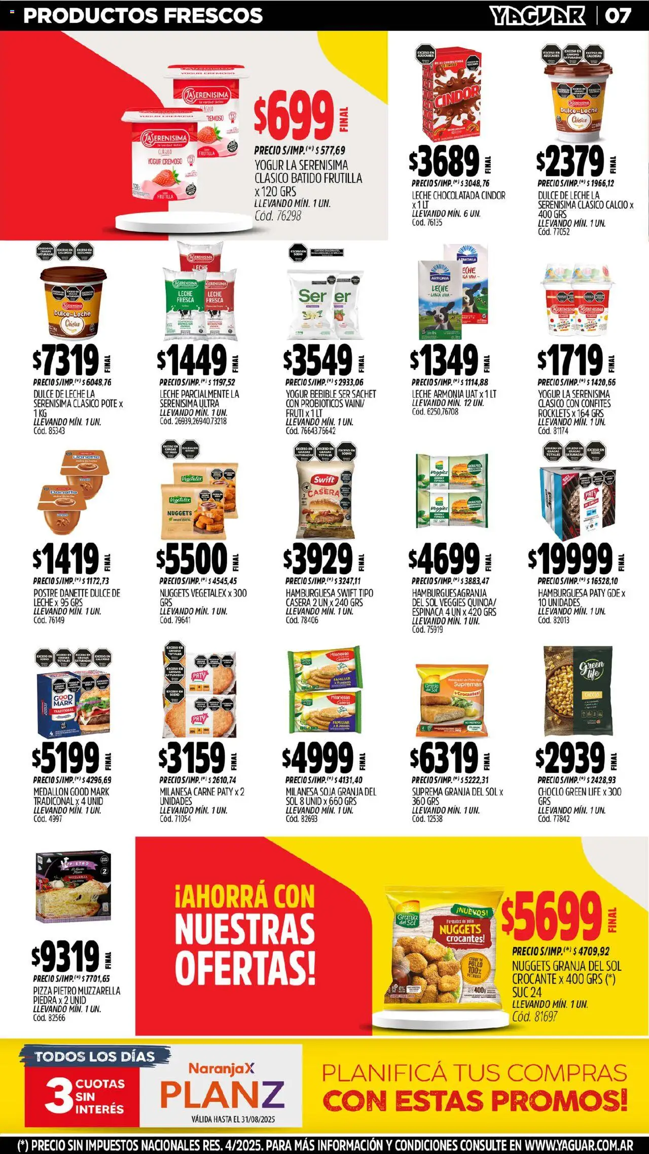 Yaguar catálogo │ válido desde el 18.08.2025 | Página: 7 | Productos: Choclo, Milanesa, Leche, Yogur