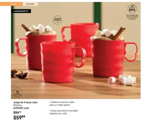Vista previa de Juego de 4 tazas rojas, Plástico. Ondas en cuerpo y asas para un mejor agarre. Listas para servir chocolate caliente, té o café., nuevo folleto de la tienda, válido en México a partir del 07.11.2025 | Página: 46