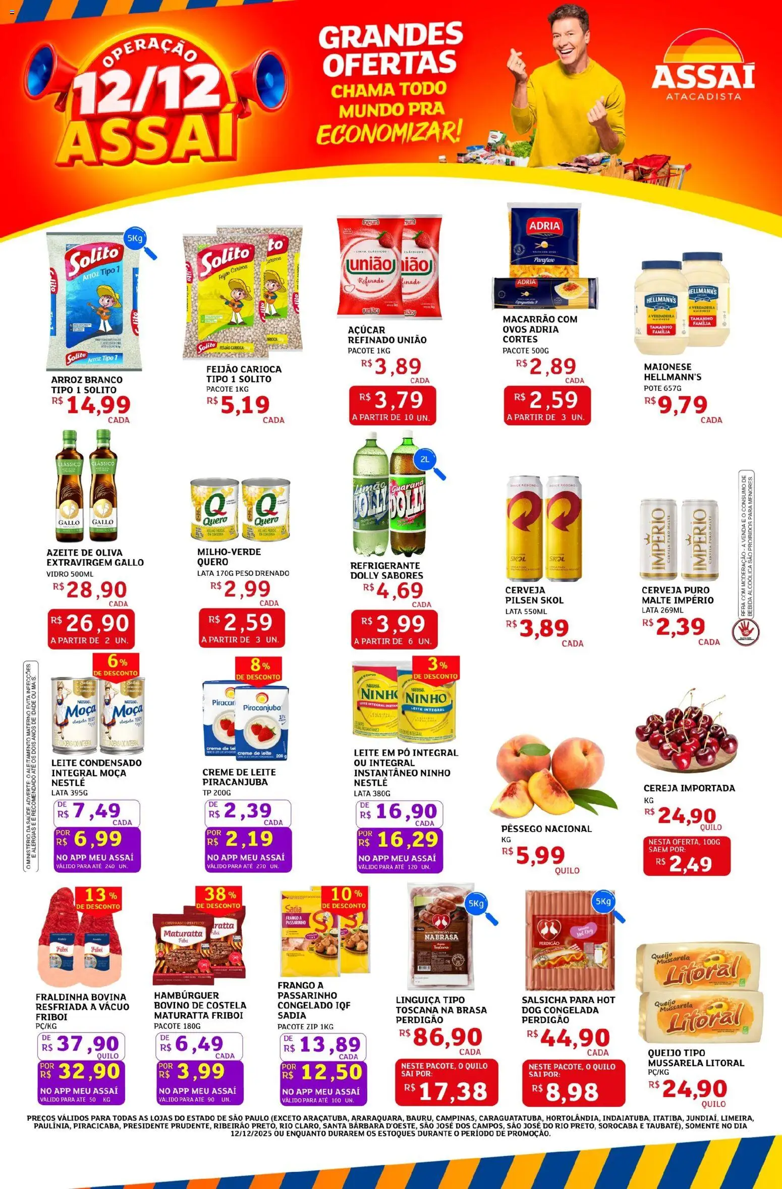 Assaí Atacadista Folheto - válido de 12.12.2025 | Página: 1 | Produtos: Pêssego, Fraldinha, Cerveja, Hambúrguer