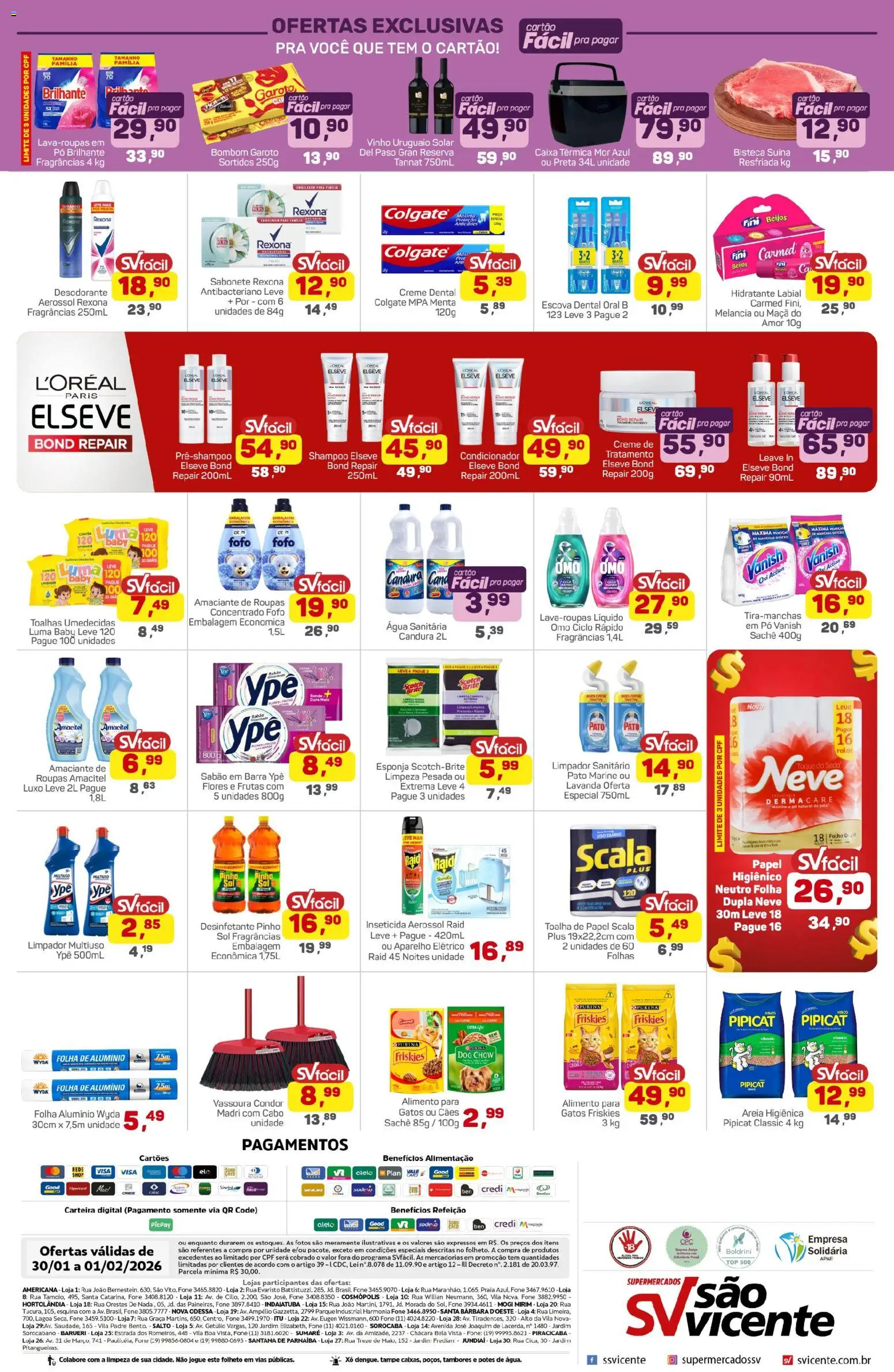Supermercados São Vicente Folheto - válido de 30.01.2026 | Página: 4 | Produtos: Shampoo, Areia, Escova, Água sanitária