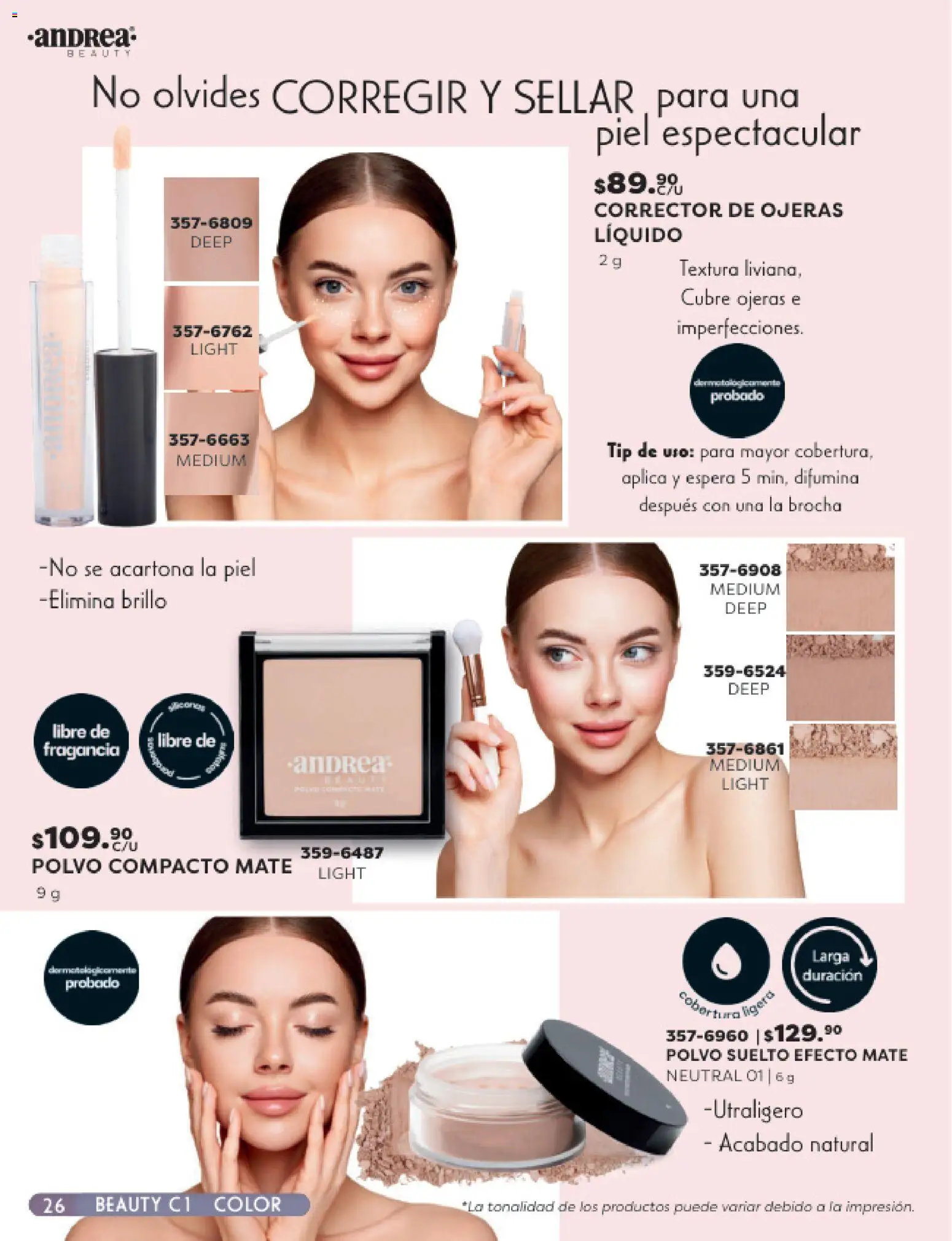 Nuevas ofertas de Andrea válidas en toda la República Mexicana desde el 25.01.2026. ¡Encuentra las mejores ofertas en Andrea catálogo Beauty! | Página: 26 | Productos: Corrector de ojeras, Polvo compacto, Corrector, Polvo