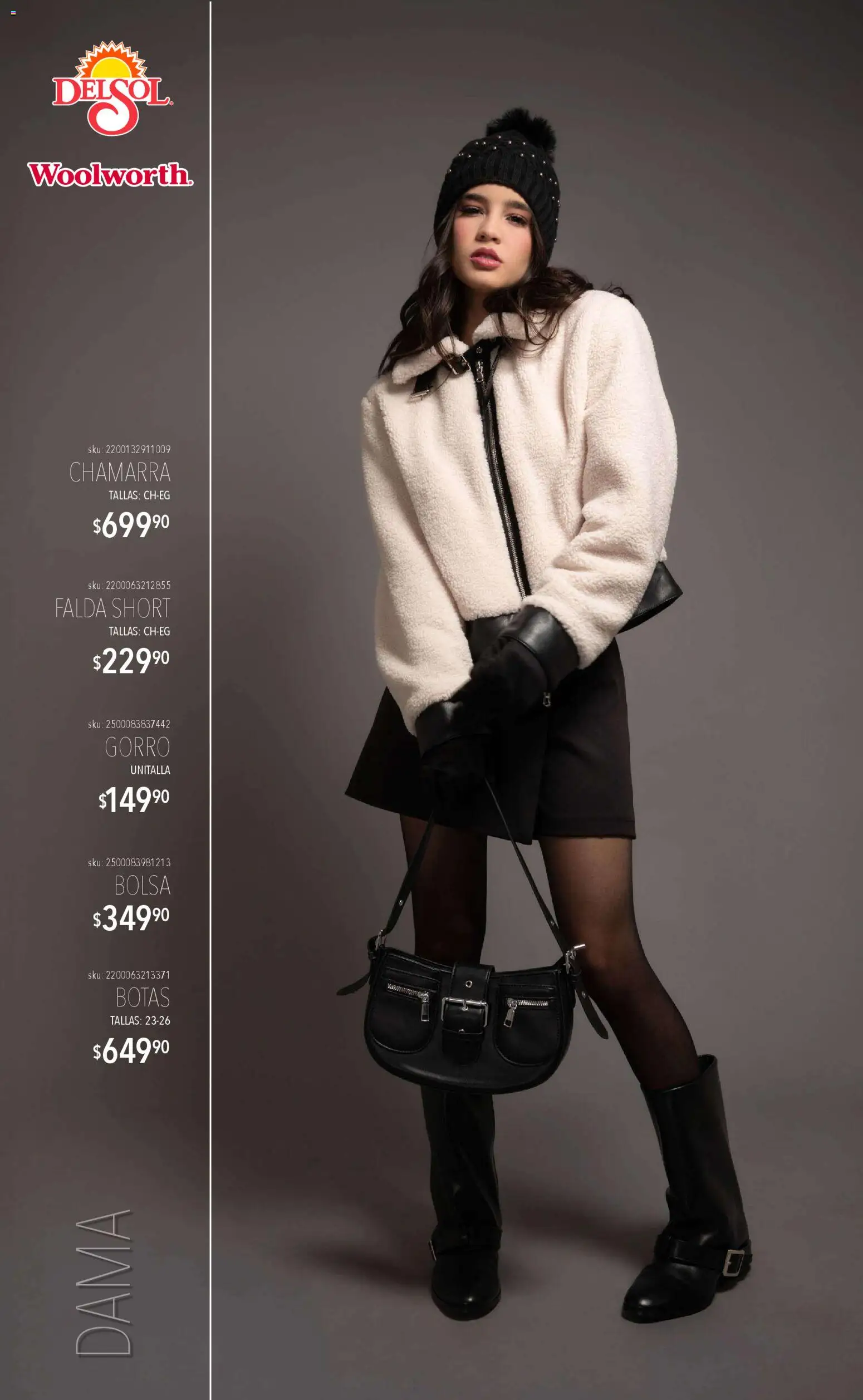 Nuevas ofertas de Del Sol y Woolworth válidas en toda la República Mexicana desde el 06.11.2025. ¡Encuentra las mejores ofertas en Del Sol y Woolworth catálogo Luce el Invierno! | Página: 2 | Productos: Bolsa, Chamarra, Falda, Short