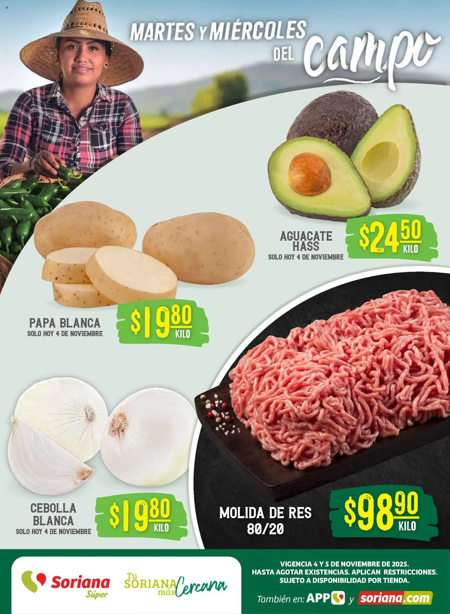 Nuevas ofertas de Soriana válidas en toda la República Mexicana desde el 04.11.2025. ¡Encuentra las mejores ofertas en Soriana - Martes y Miércoles del Campo Súper: Ver, Tab, Chis, Camp, Yuc y Q. Roo! | Página: 1 | Productos: Cebolla, Papa, Aguacate, Res