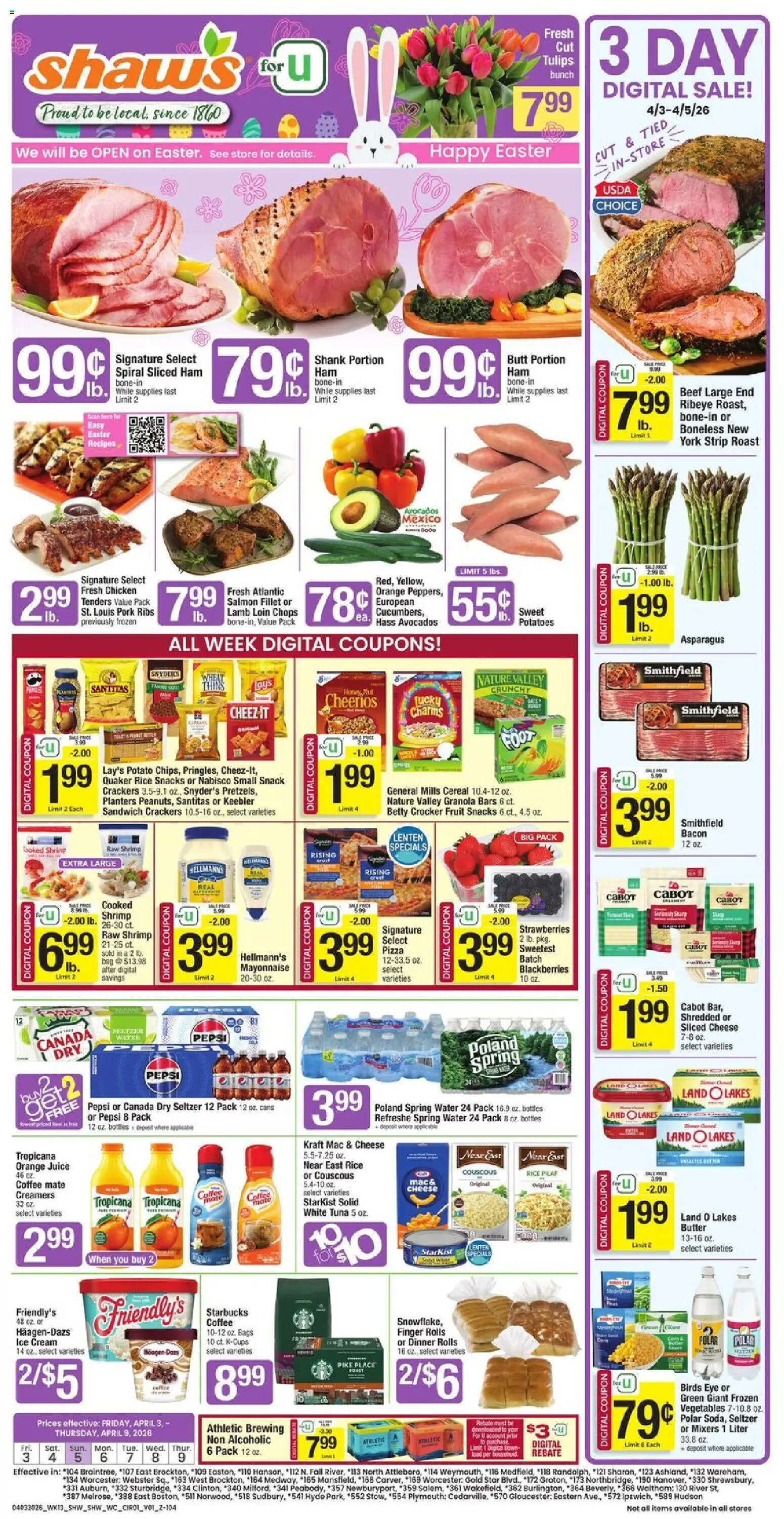 Shaw's Weekly Ad - valid from 03.04.2026 | Page: 1 | Products: Cheese, Pork, Ice cream, Mayonnaise