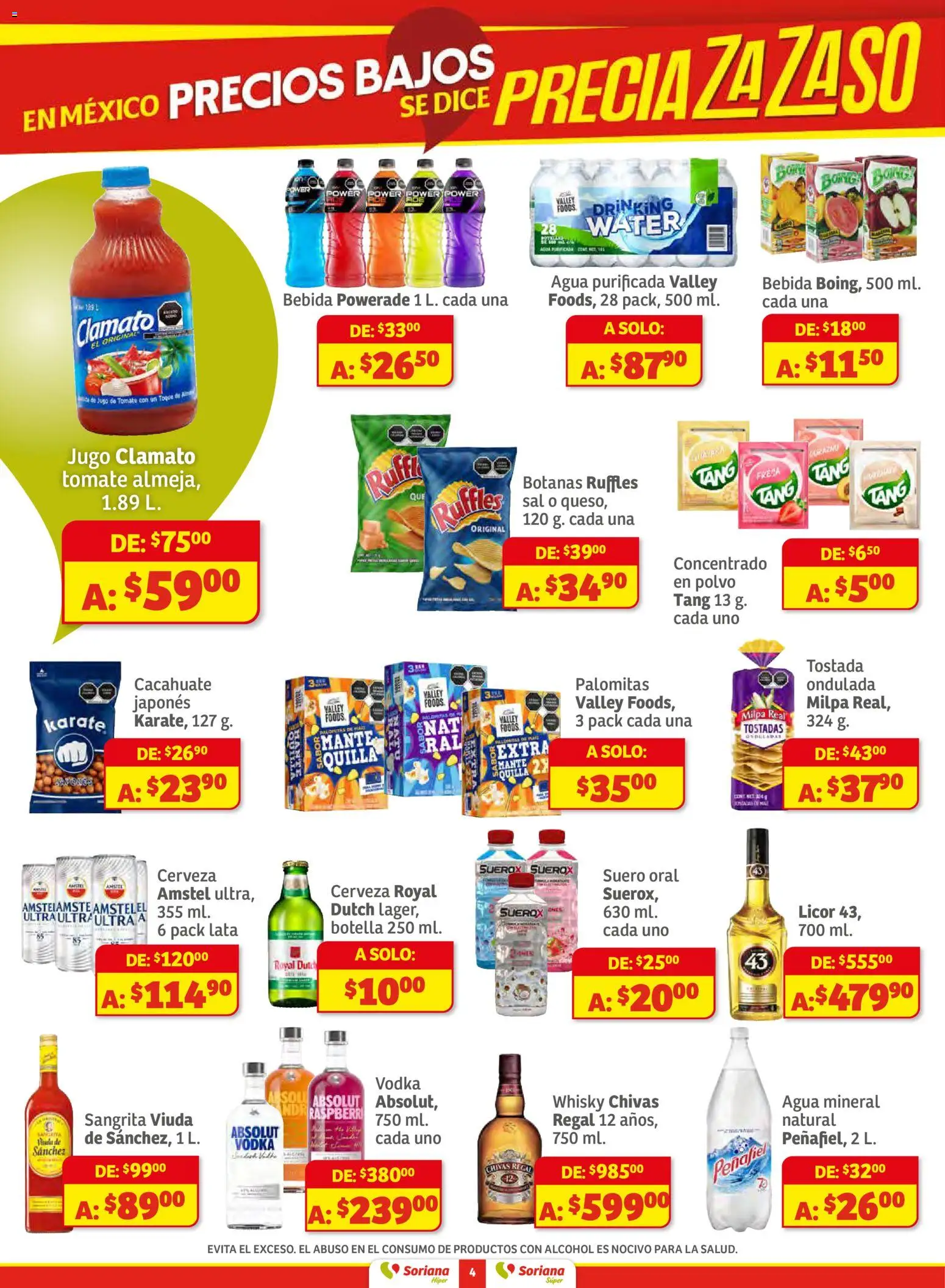 Nuevas ofertas de Soriana válidas en toda la República Mexicana desde el 11.12.2025. ¡Encuentra las mejores ofertas en Soriana - Preciazazaso Híper: Valle de México! | Página: 4 | Productos: Fresa, Sal, Cacahuate, Vodka