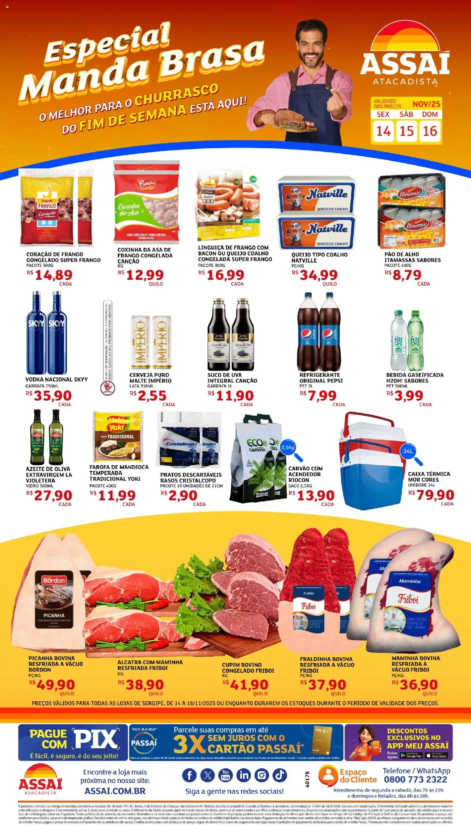 Assaí Atacadista Folheto - válido de 14.11.2025 | Página: 1 | Produtos: Mandioca, Alcatra, Queijo, Vodka