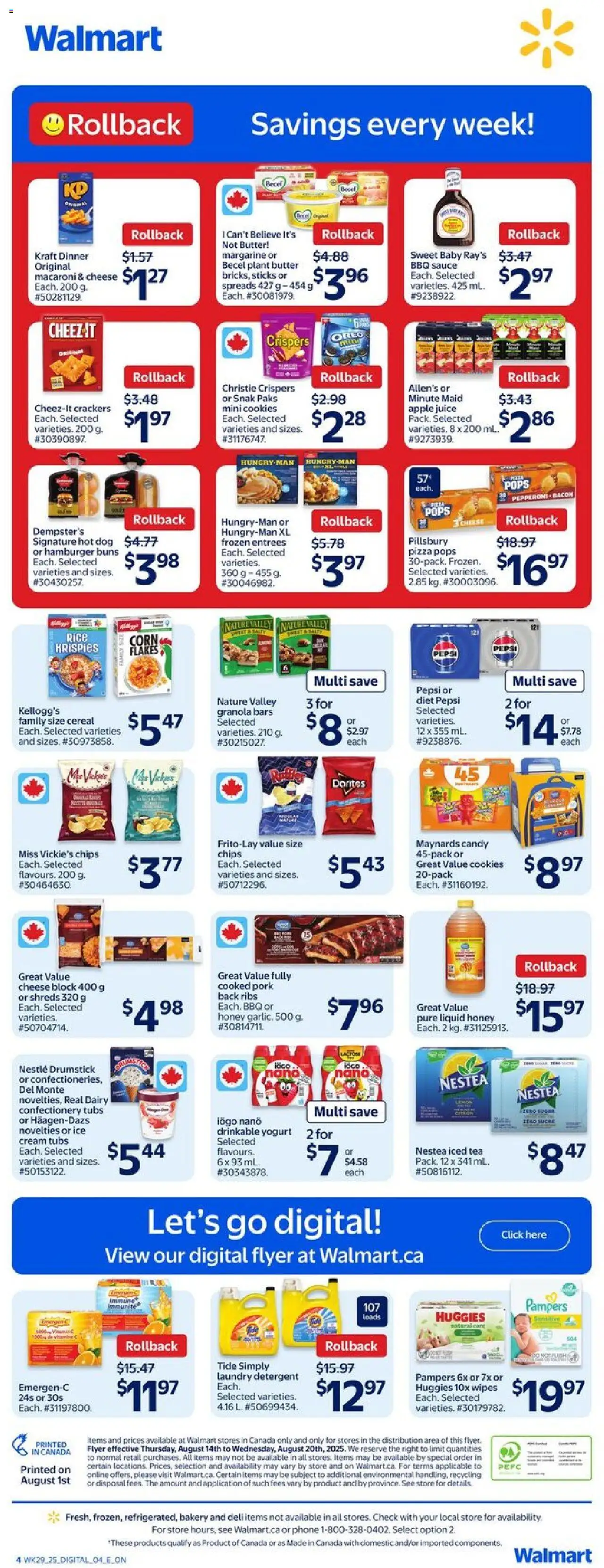 Walmart flyer valid from 14.08.2025 | Page: 2 | Products: Chips, Cookies, Butter, Yogurt