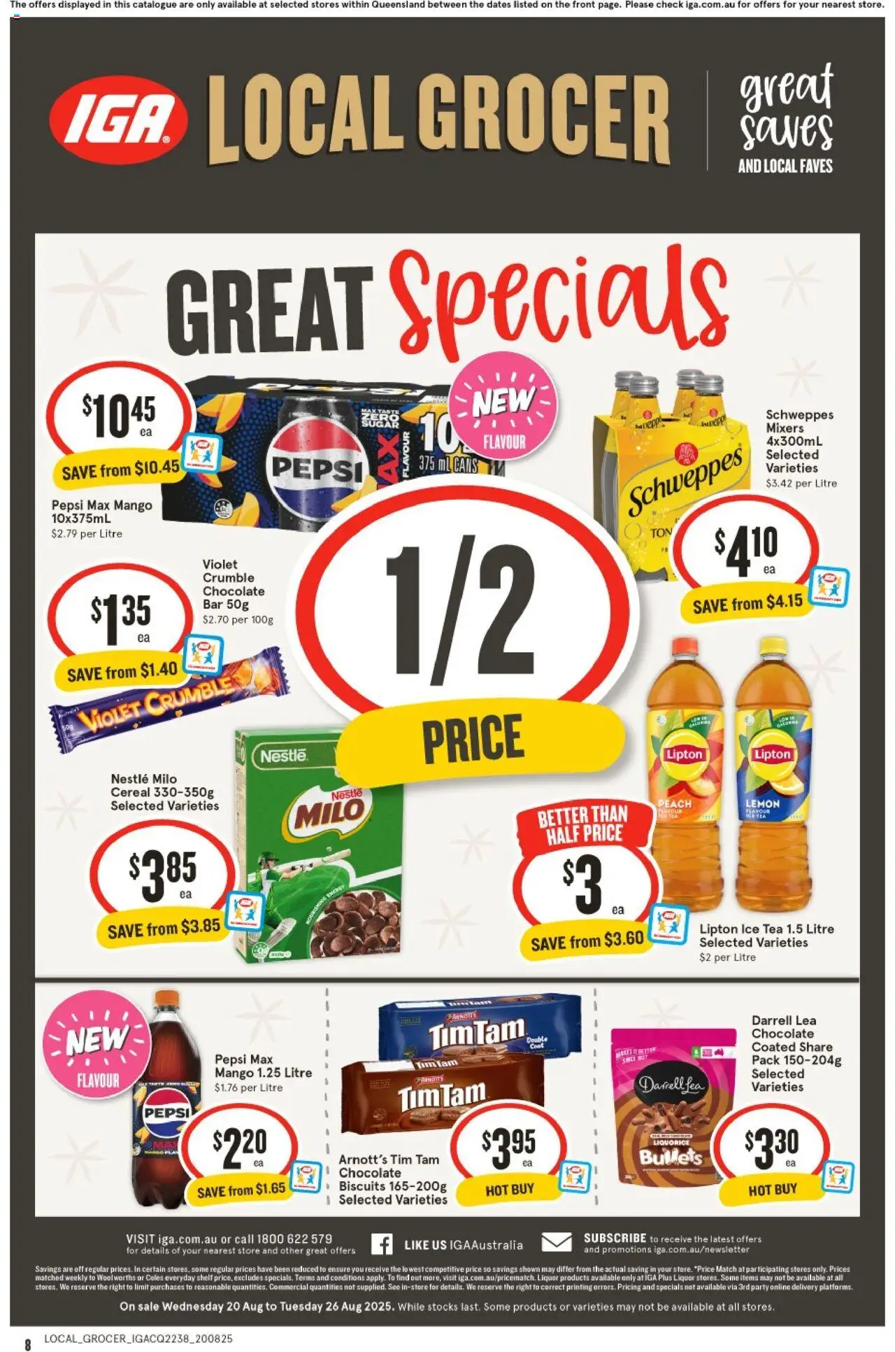 IGA catalogue - valid from 20.08.2025 | Page: 8 | Products: Chocolate, Tea, Pepsi, Biscuits