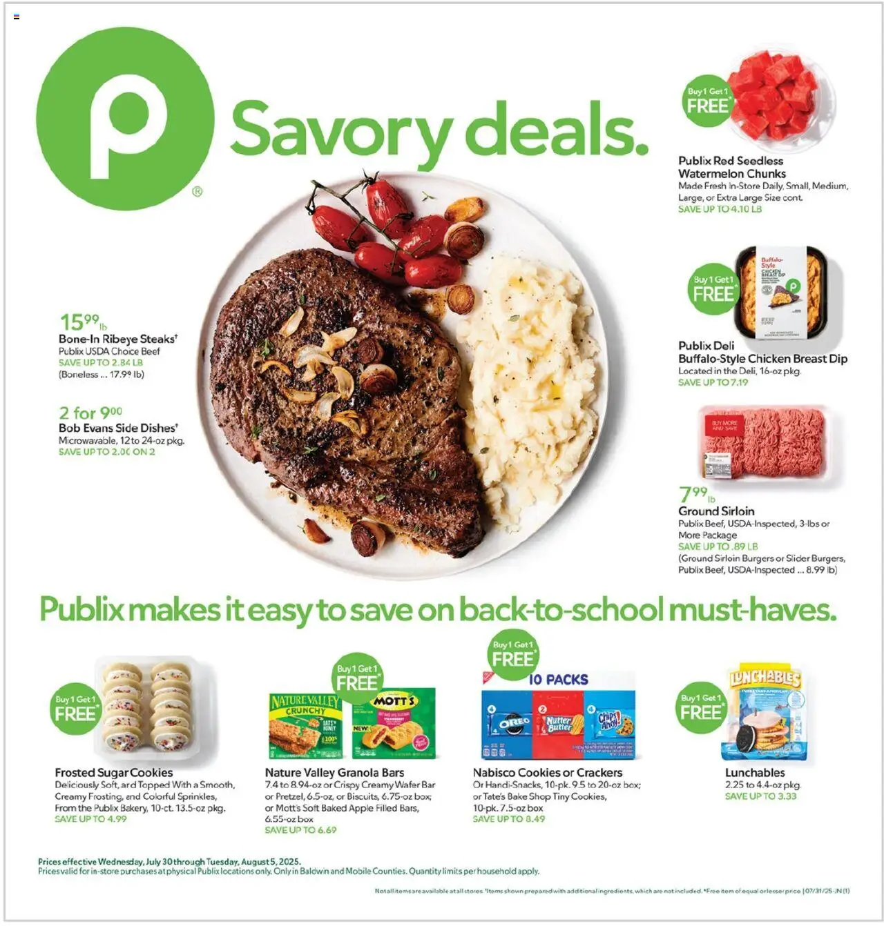 Publix Weekly Ad - valid from 30.07.2025 | Page: 1 | Products: Box, Butter, Beef, Watermelon