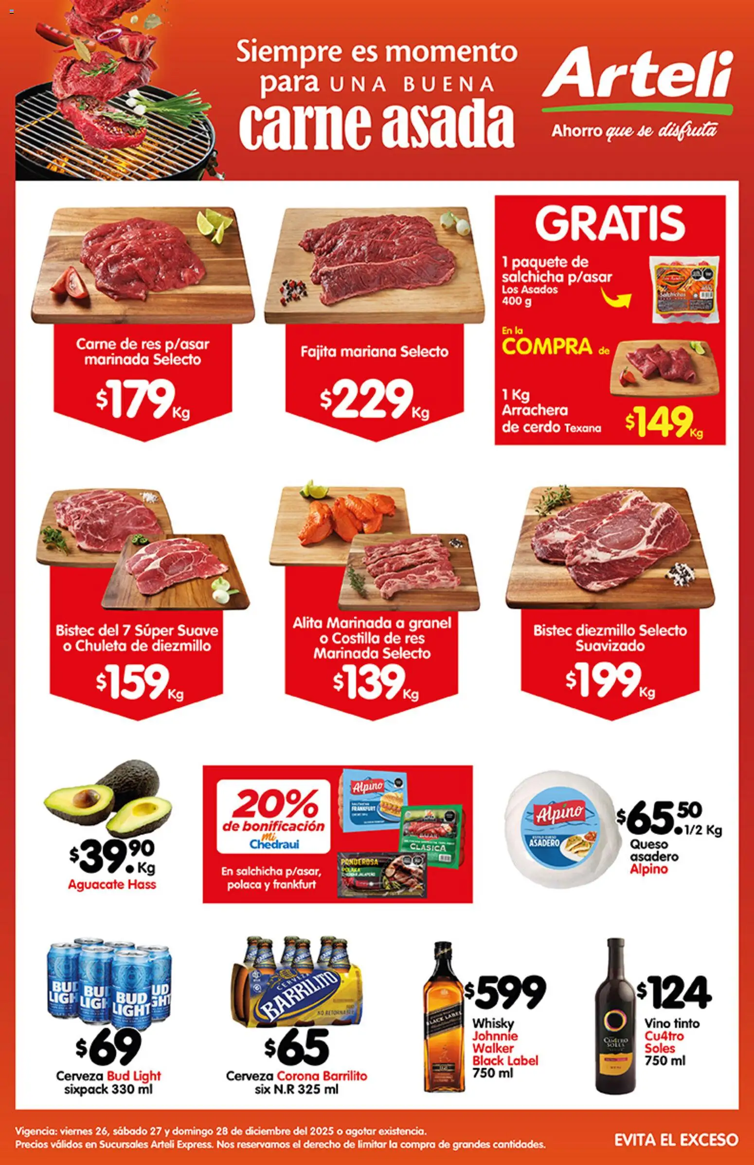 Nuevas ofertas de Arteli válidas en toda la República Mexicana desde el 26.12.2025. ¡Encuentra las mejores ofertas en Arteli folleto Carnes Suc. Express! | Página: 1 | Productos: Aguacate, Cerveza, Vino, Whisky