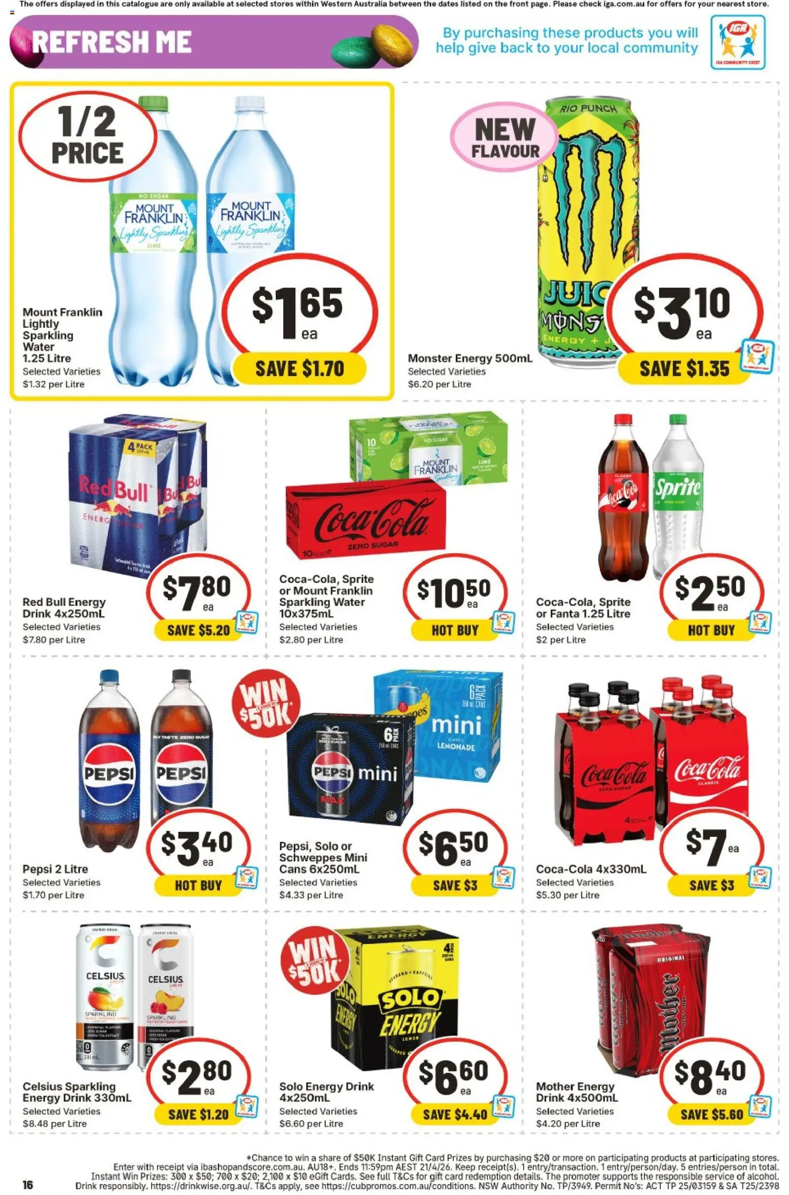 IGA catalogue - valid from 25.03.2026 | Page: 16 | Products: Energy drink, Coca Cola, Pepsi, Water