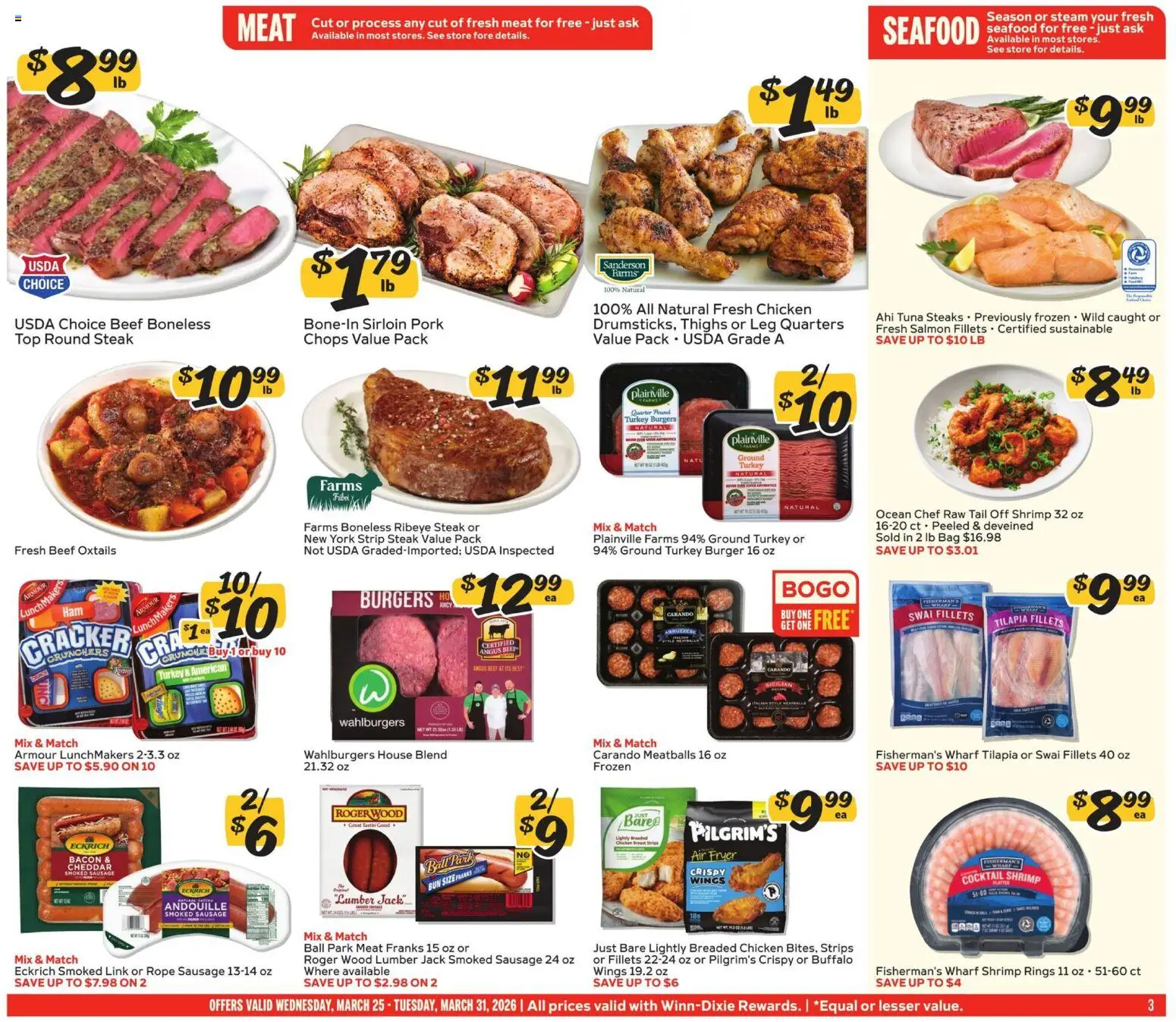 Winn Dixie Weekly Circular - FL - valid from 25.03.2026 | Page: 3 | Products: Fryer, Beef, Seafood, Bag