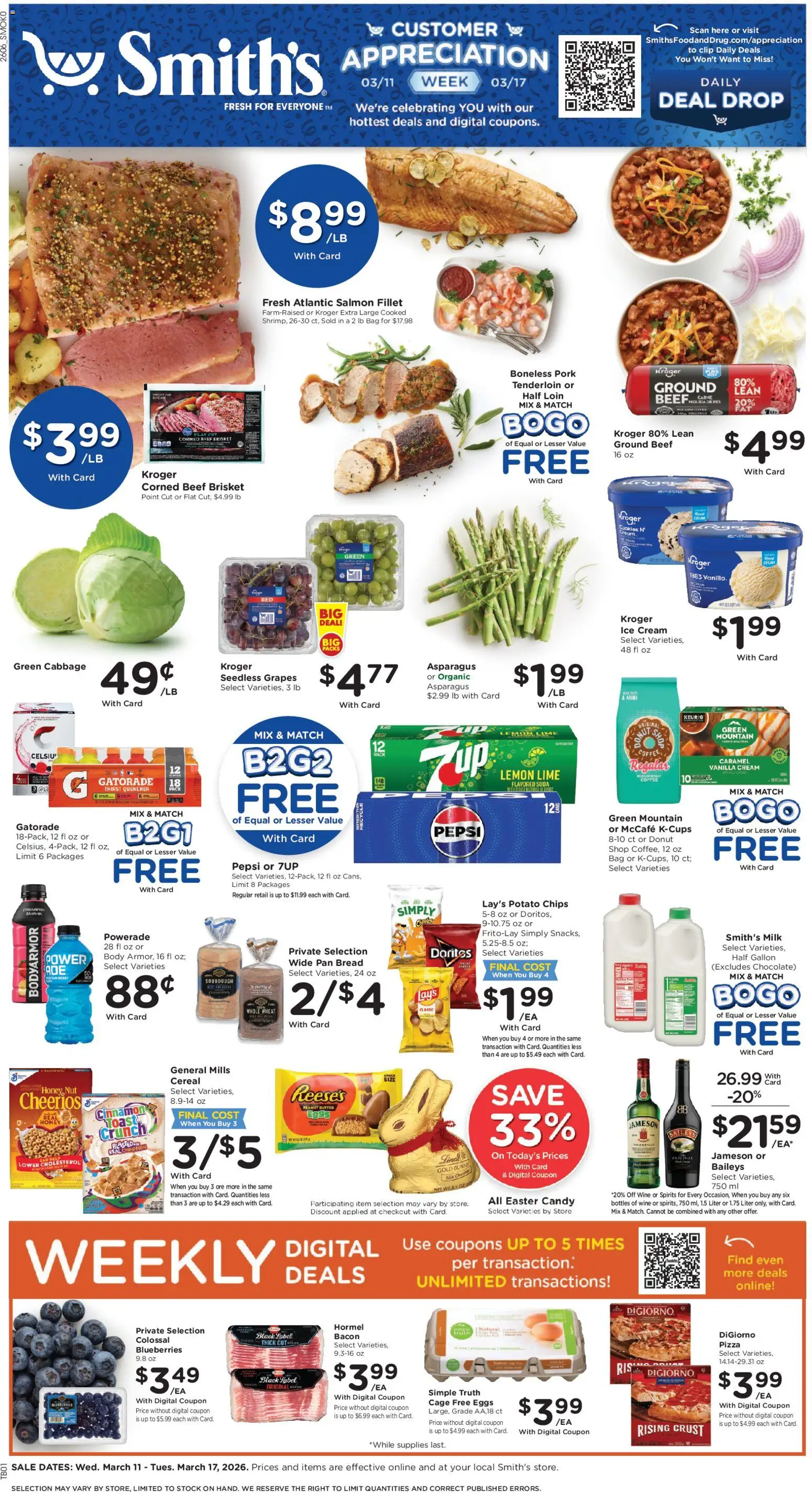Smith's Weekly Ad - WY - valid from 11.03.2026 | Page: 1 | Products: Pizza, Chips, Grapes, Bag