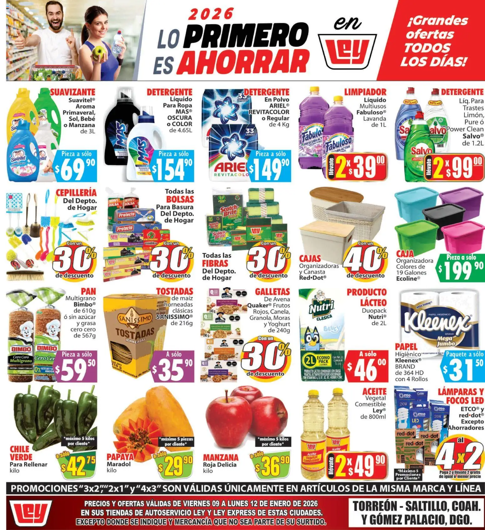 Nuevas ofertas de Casa Ley válidas en toda la República Mexicana desde el 09.01.2026. ¡Encuentra las mejores ofertas en Casa Ley folleto Torreón, Saltillo, Coah y Gómez Palacio, Dgo! | Página: 1 | Productos: Detergente, Avena, Manzana, Polvo