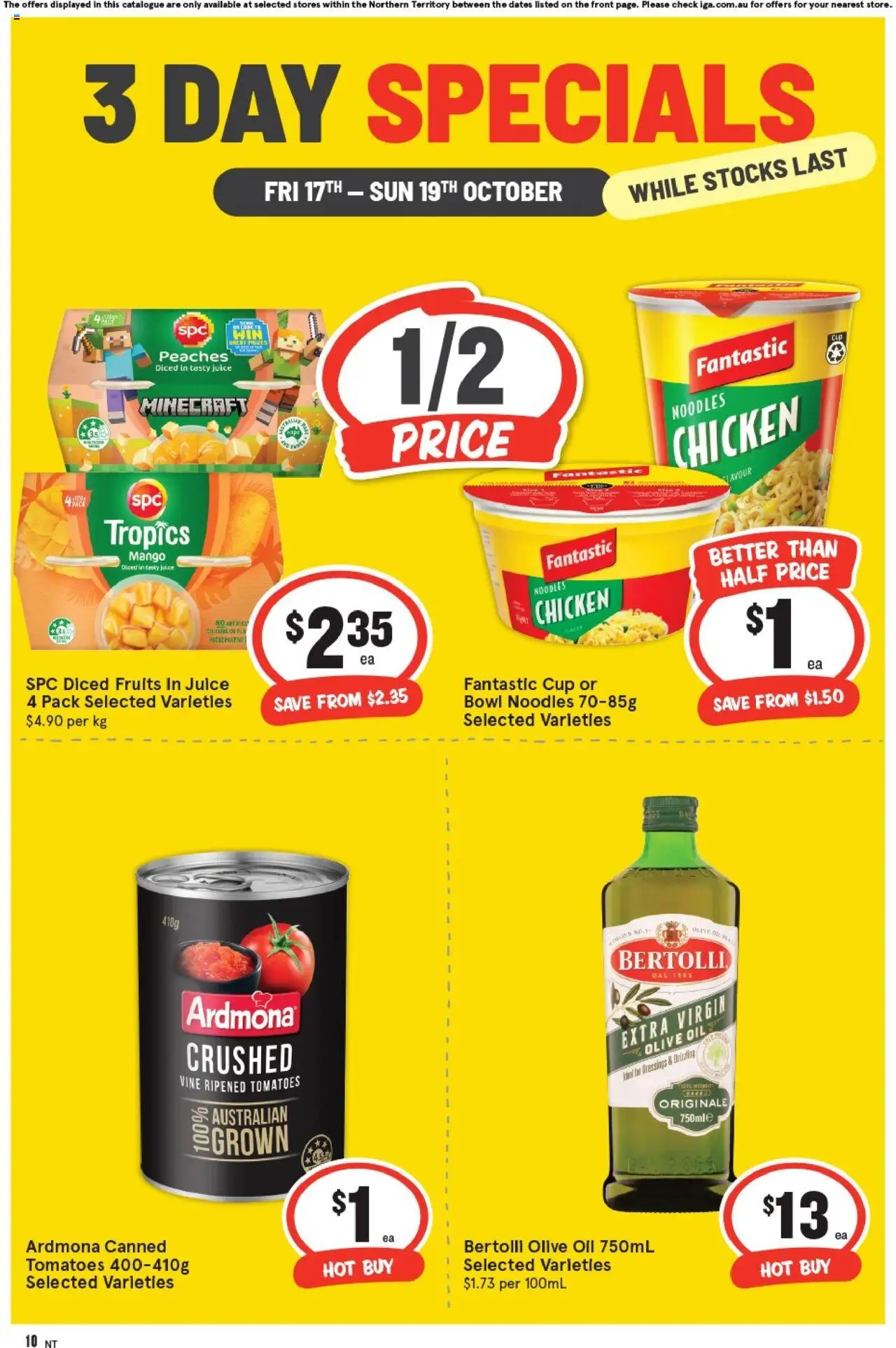 IGA catalogue - valid from 17.10.2025 | Page: 3 | Products: Juice, Noodles, Olive oil, Fruits
