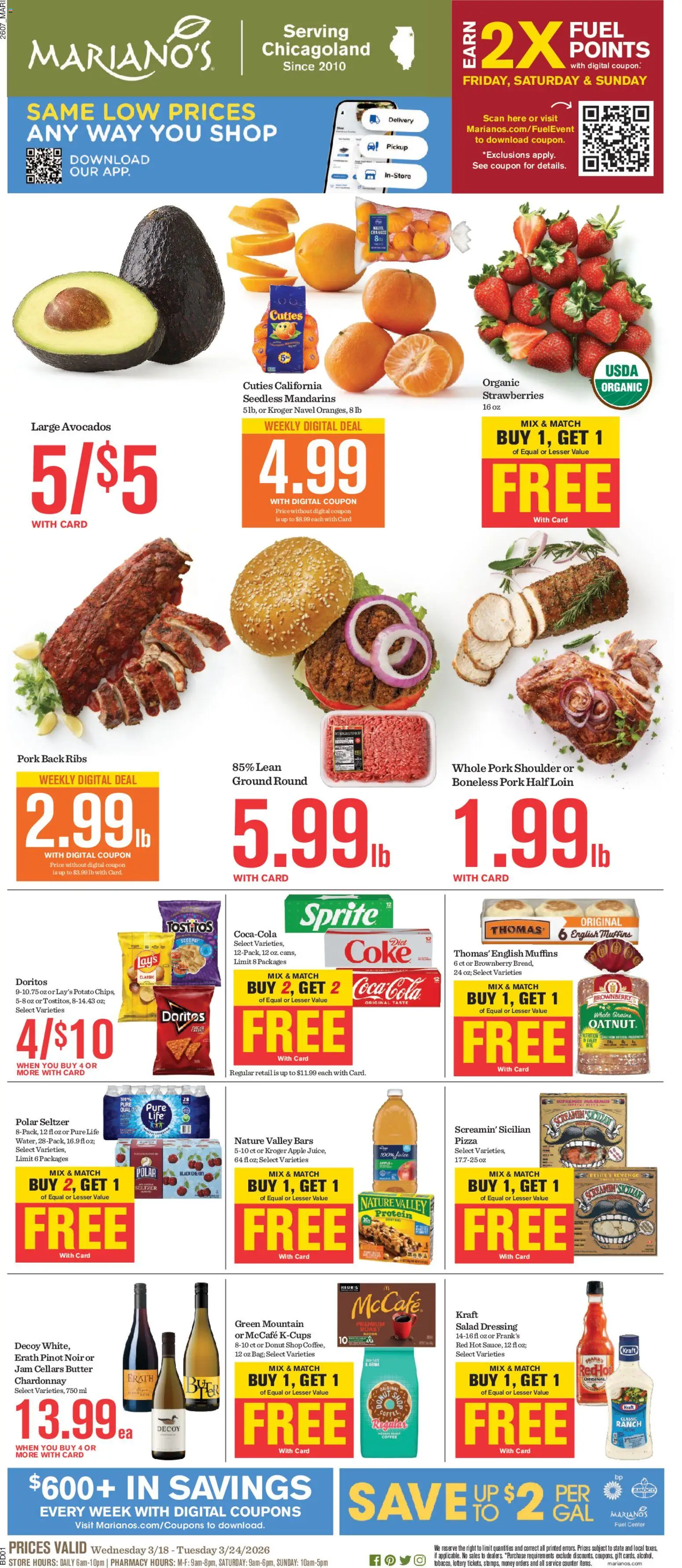 Mariano's Weekly Ad - valid from 18.03.2026 | Page: 1 | Products: Coffee, Pizza, Juice, Strawberries