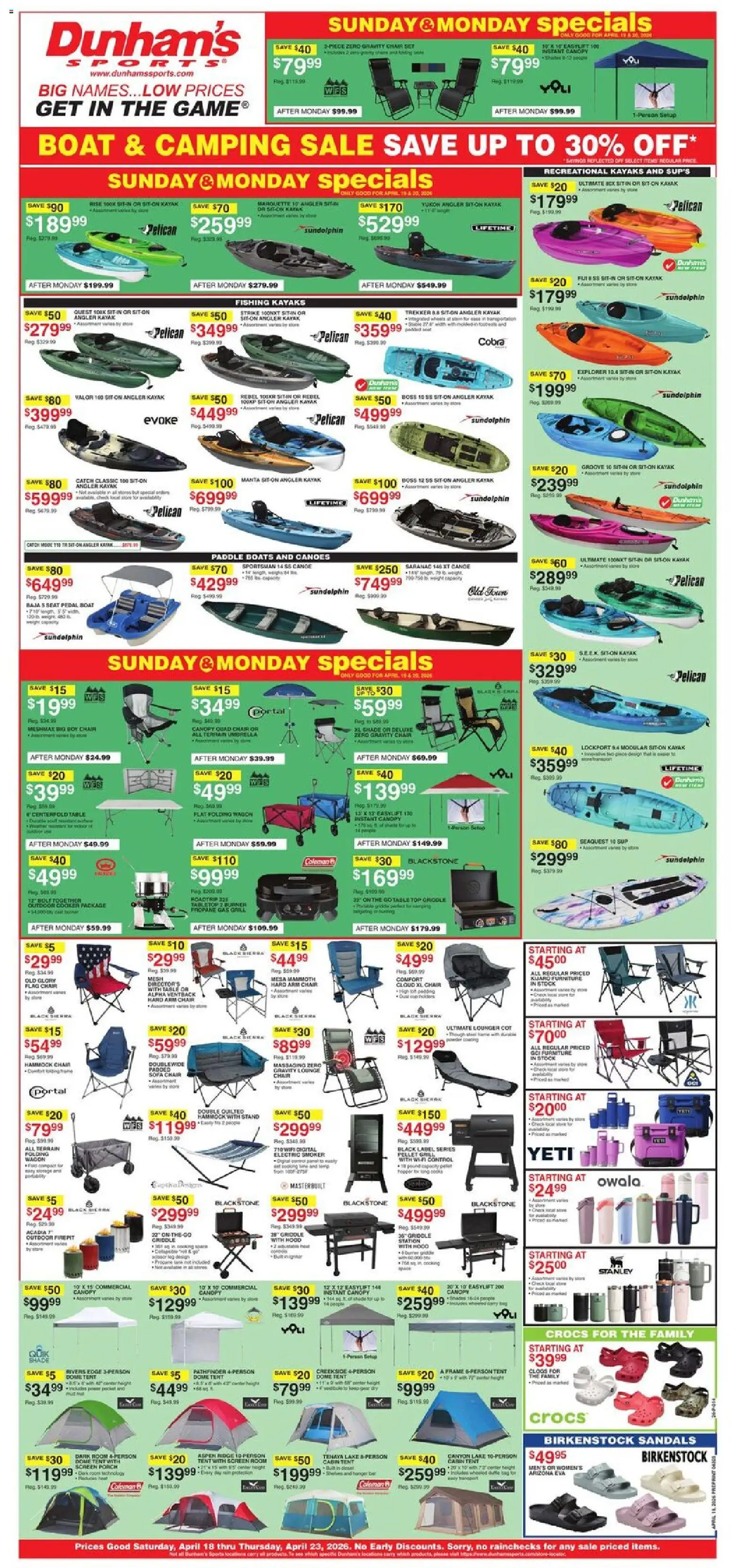 Dunham's Sports Weekly Ad - valid from 18.04.2026 | Page: 1 | Products: Sofa, Table, Griddle, Umbrella