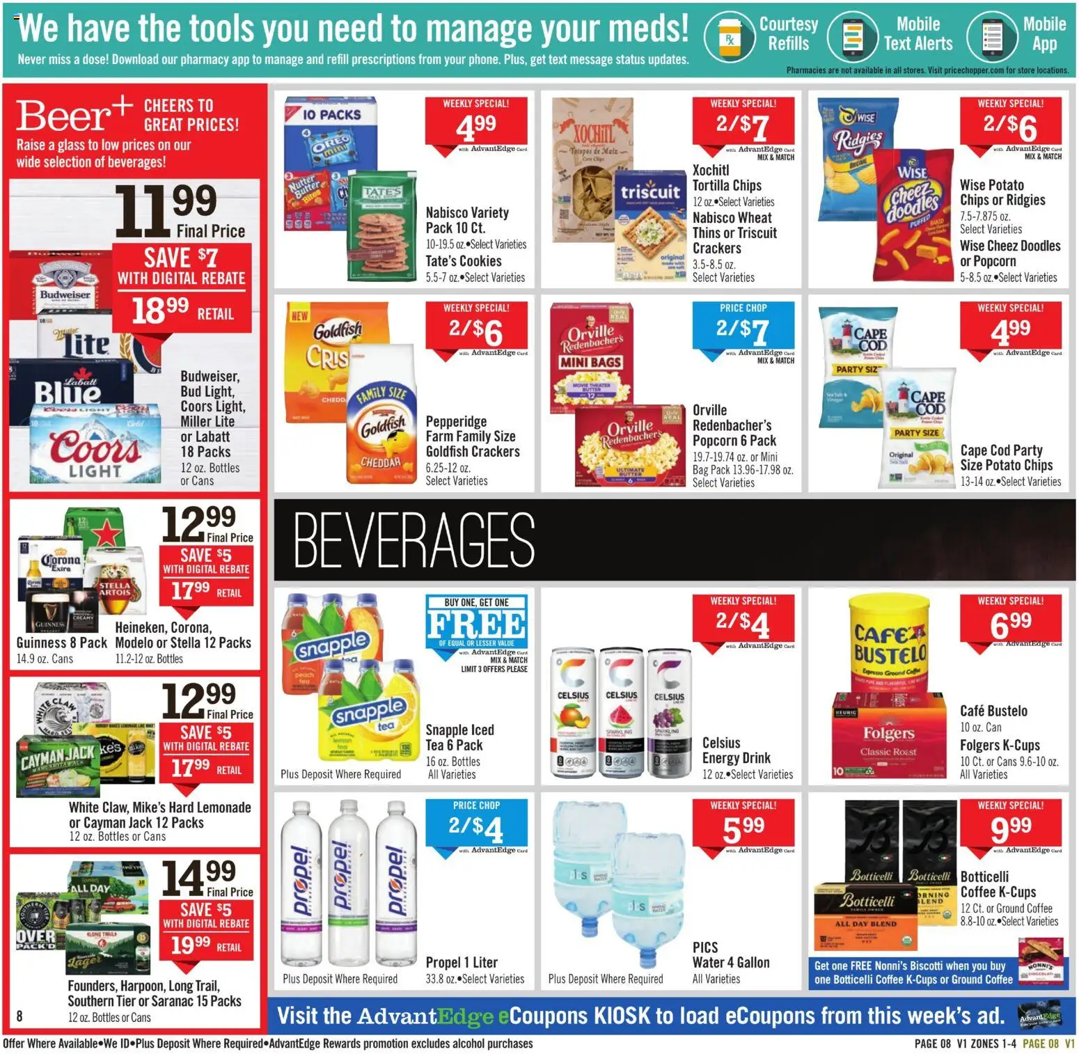 Price Chopper Weekly Ad - valid from 22.02.2026 | Page: 8 | Products: Beer, Chips, Cookies, Bag
