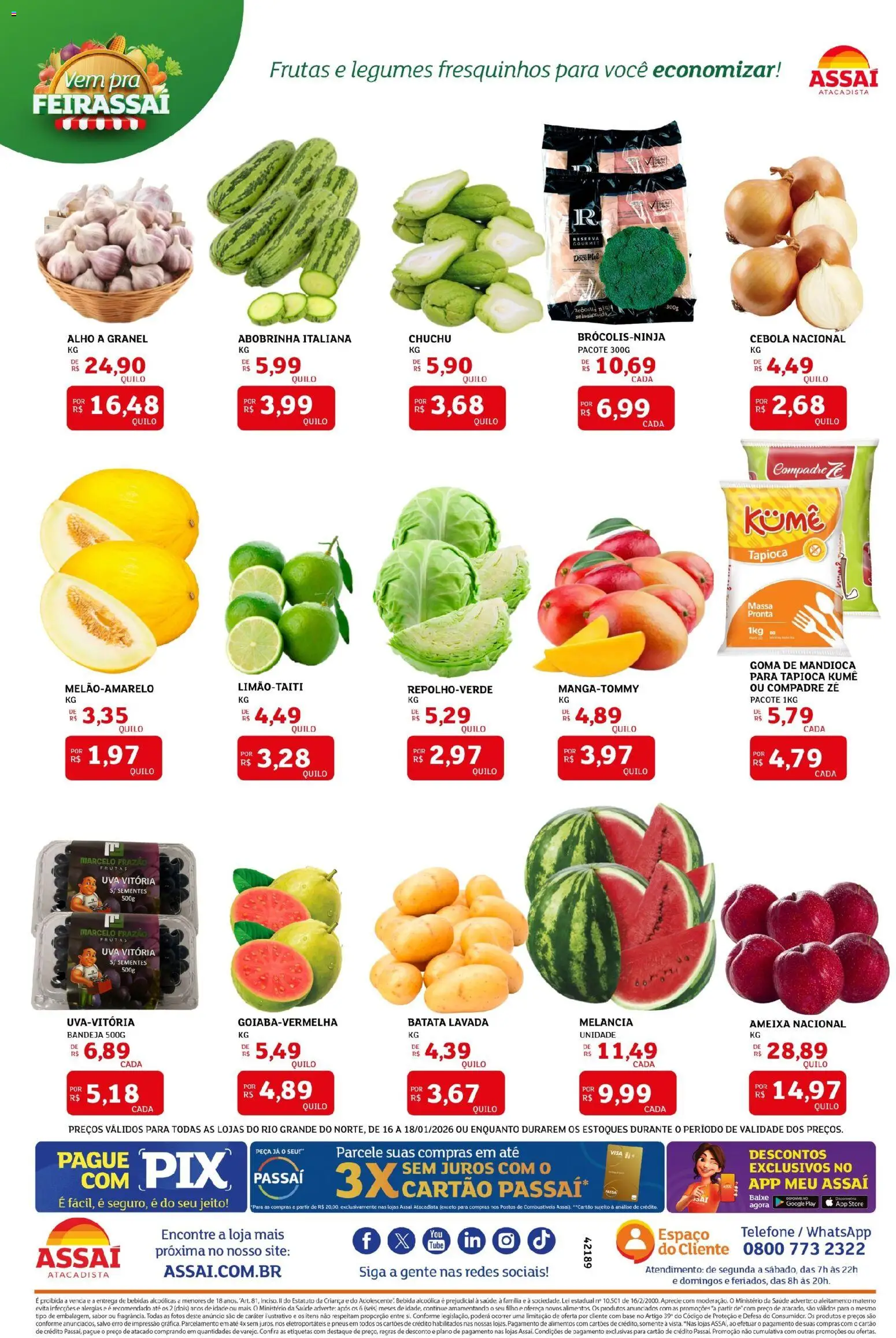 Assaí Atacadista Folheto - válido de 16.01.2026 | Página: 3 | Produtos: Melancia, Alho, Cebola, Tapioca